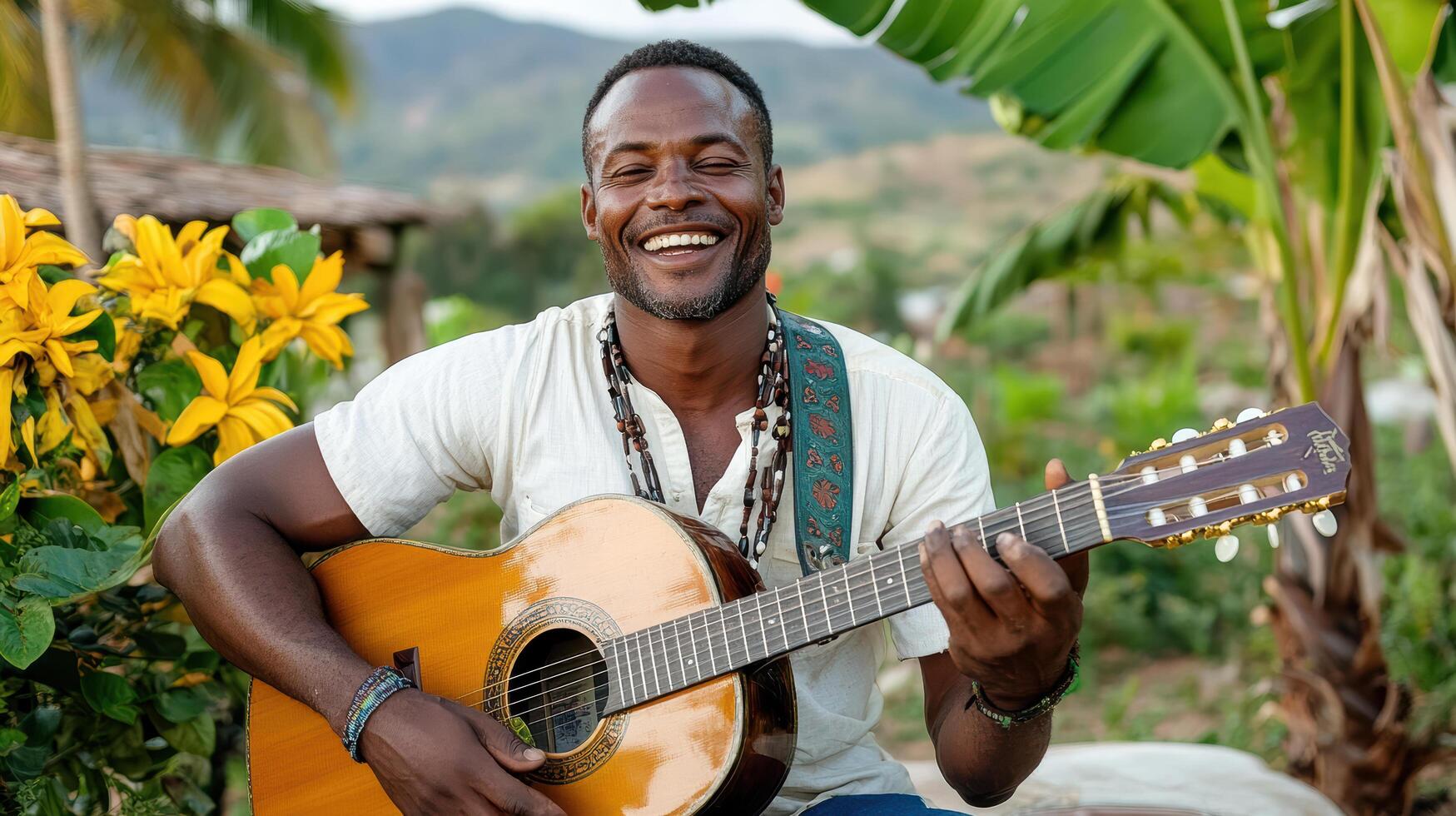 joyful man playing guitar outdoors, surrounded by nature and flowers photo