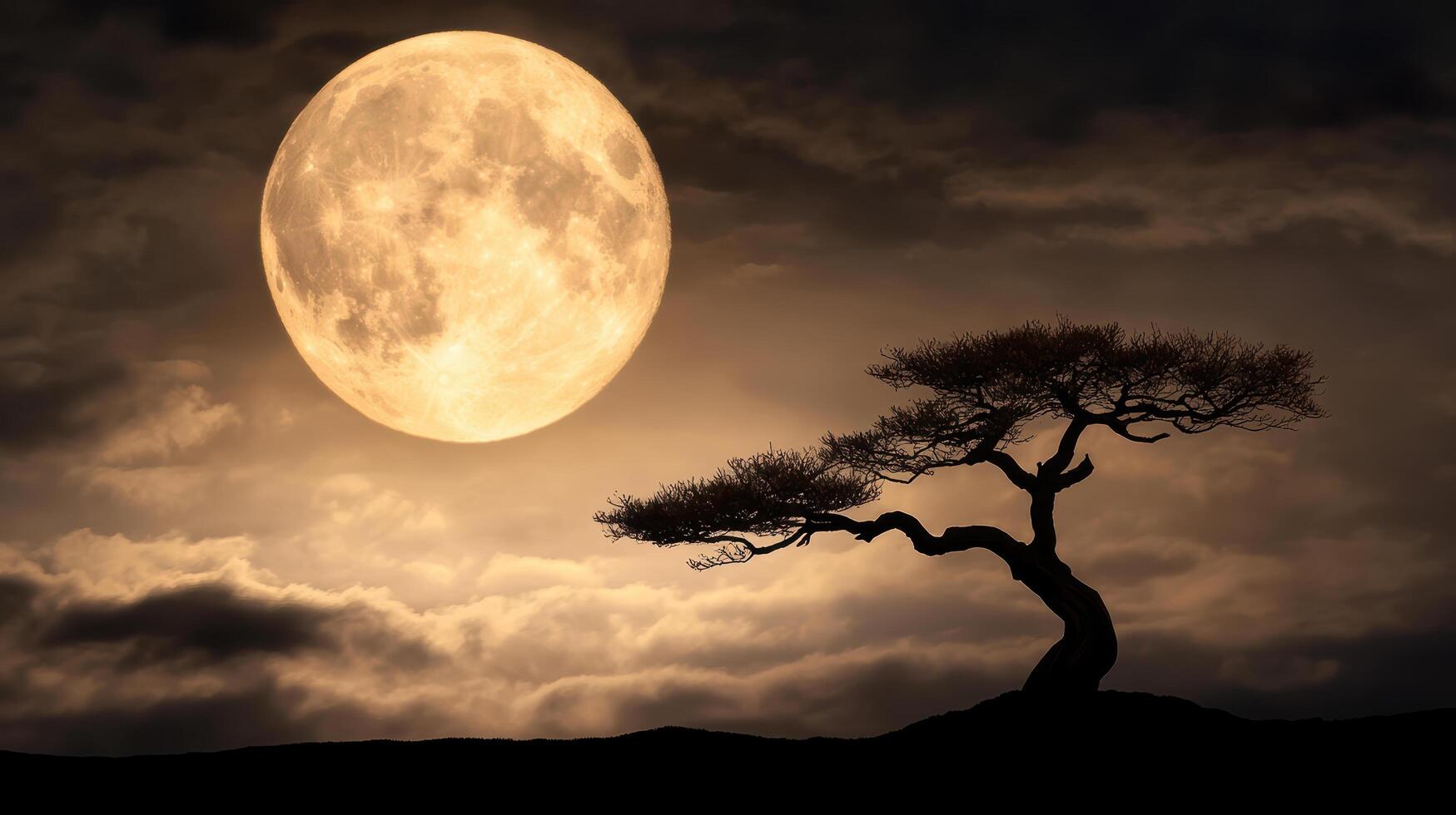 A lone tree stands in front of a full moon photo