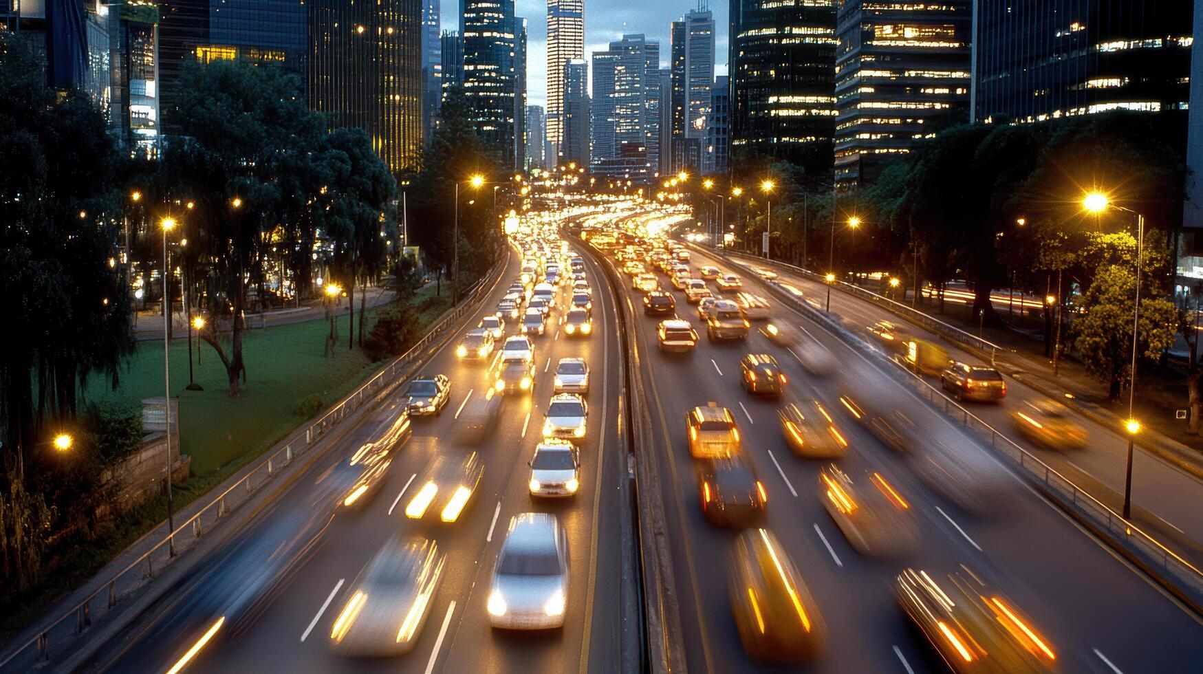 Traffic on a busy city street at night photo