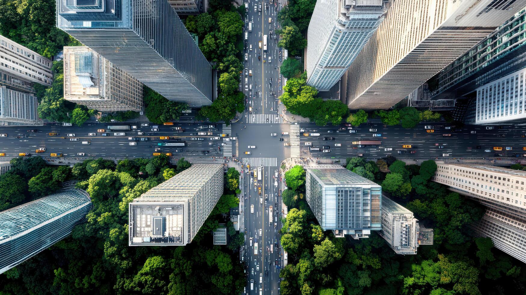 An aerial view of a city with tall buildings and trees photo