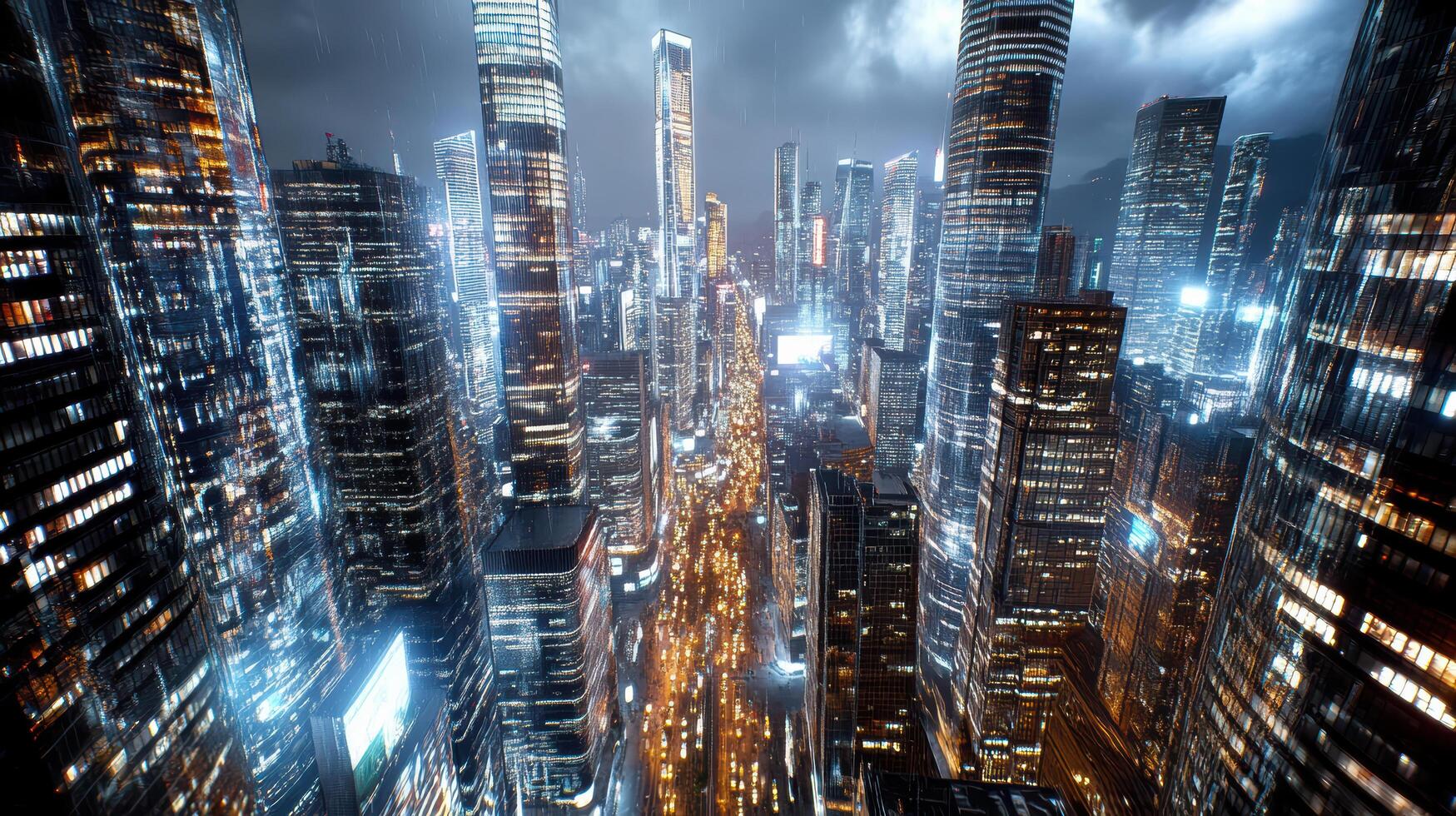 A city at night with tall buildings and lights photo