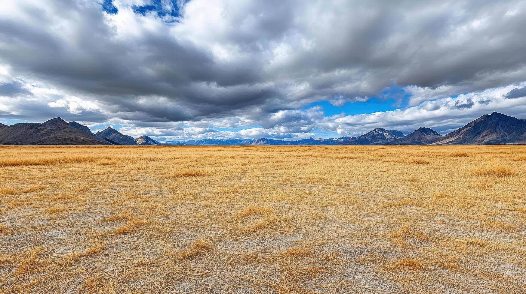 A field with dry grass and mountains under a cloudy sky photo