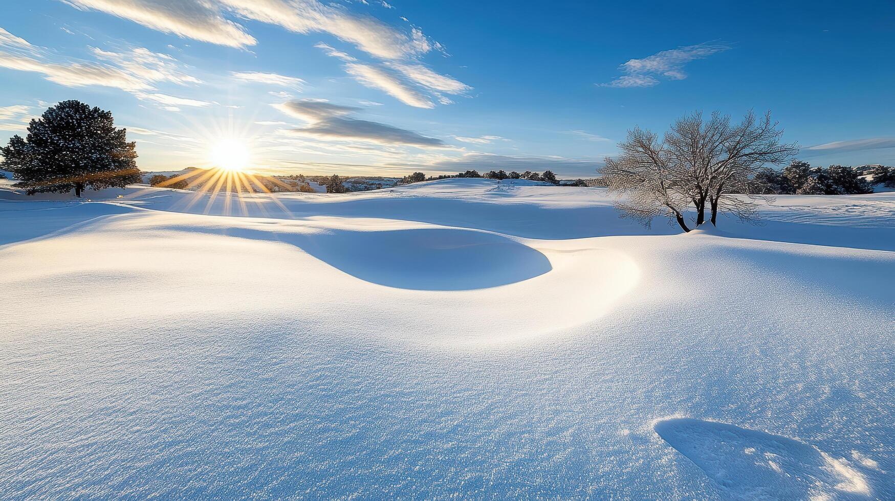 Snow covered landscape with sun shining over it photo