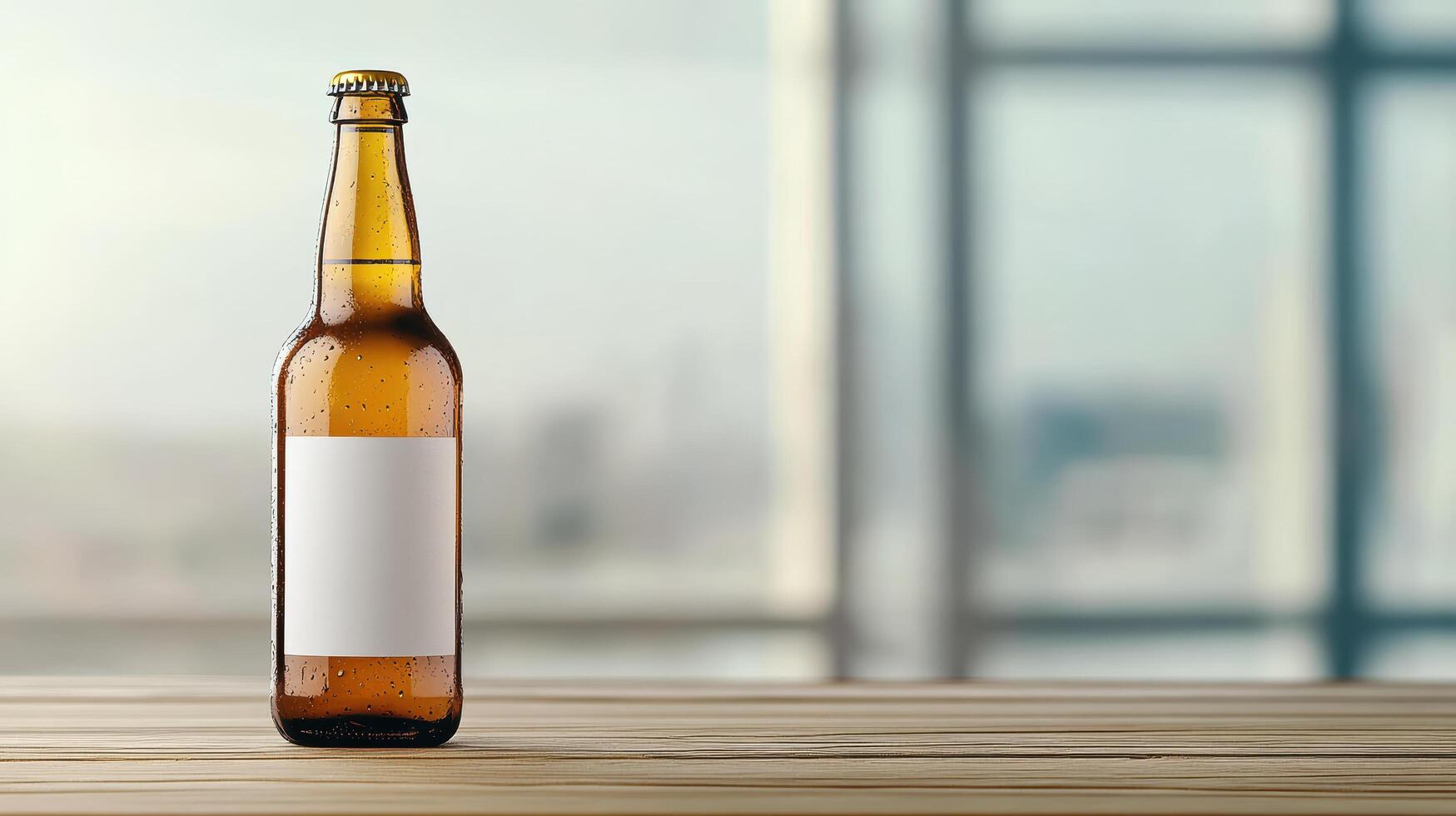 Beer bottle mockup on wooden table with city view background photo