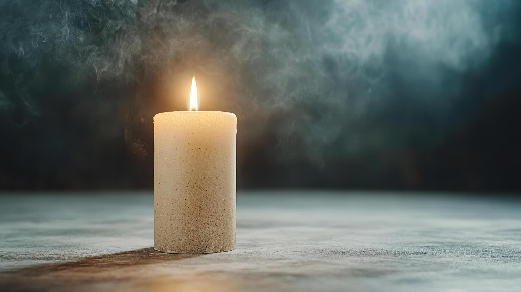A single candle is lit on a table photo
