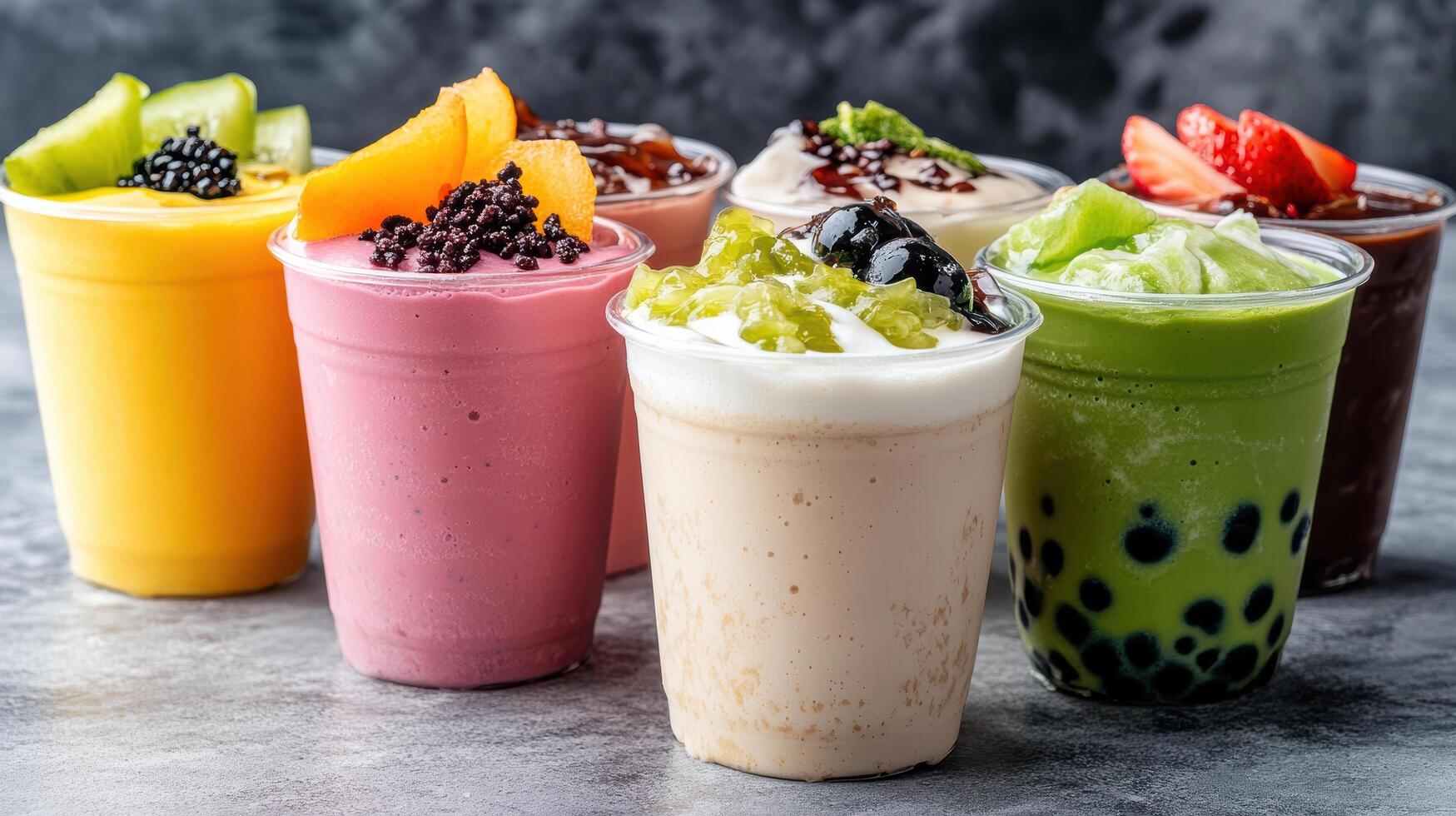A group of different smoothies in cups photo