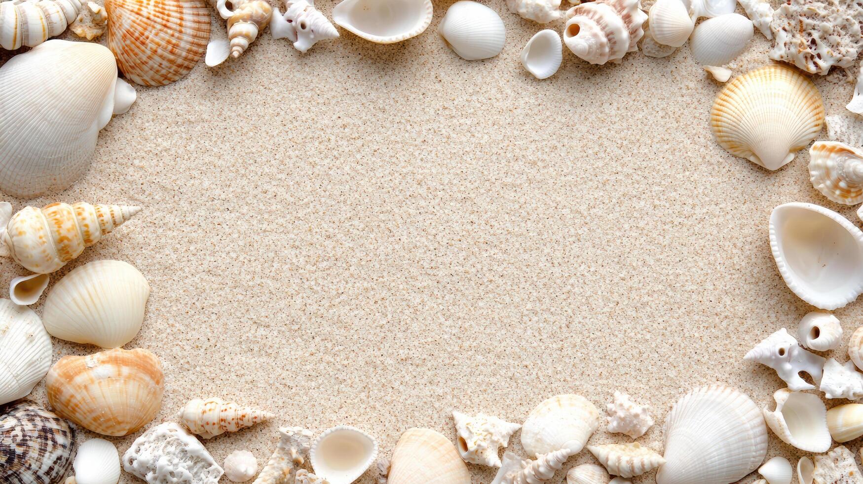 close up of seashells scattered on sandy beach, creating serene atmosphere photo