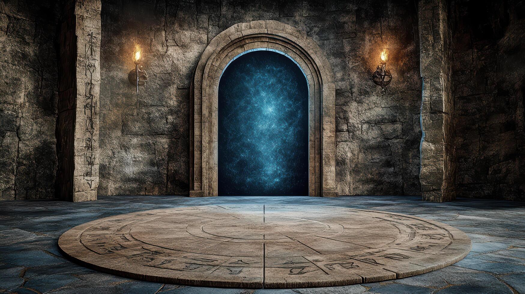 dark swirling portal in stone circle, surrounded by ancient walls photo