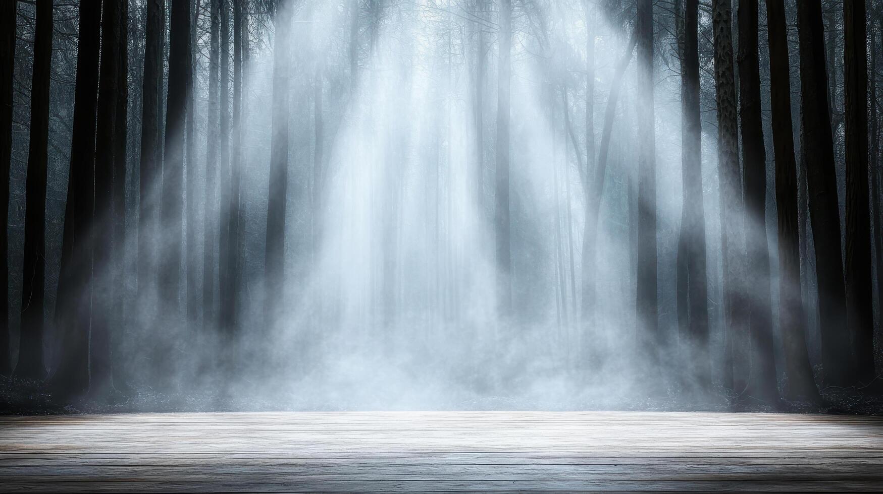dark forest shrouded in mist with twisted trees and ethereal light photo