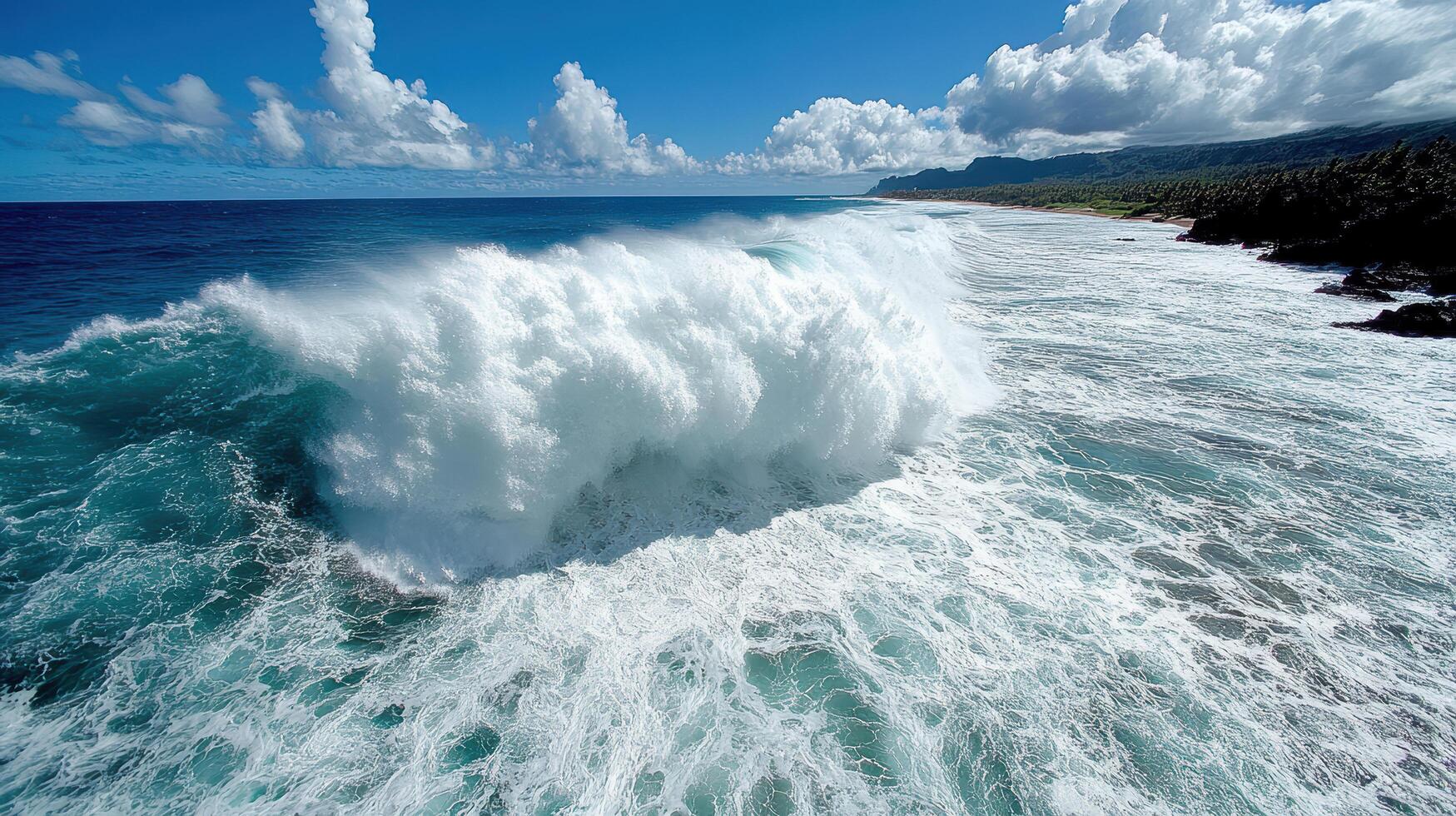 stunning view of powerful ocean wave crashing onto shore under bright sky photo