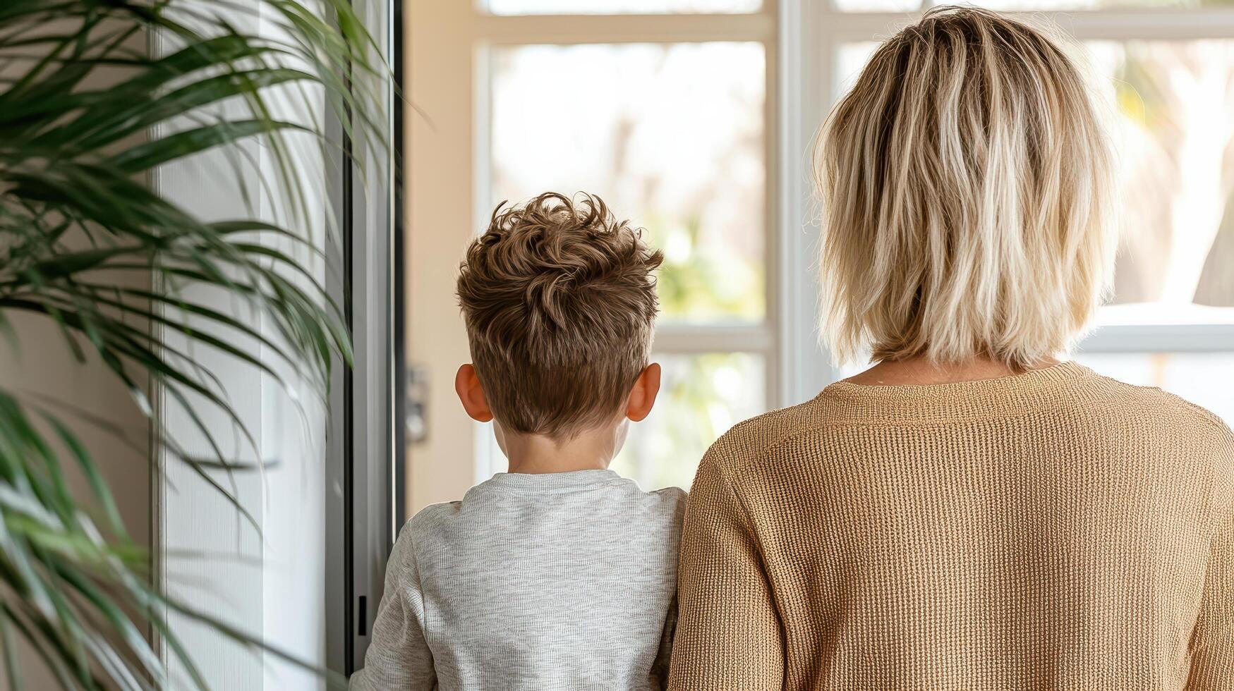 mother and child standing together, looking out window, feeling safe photo