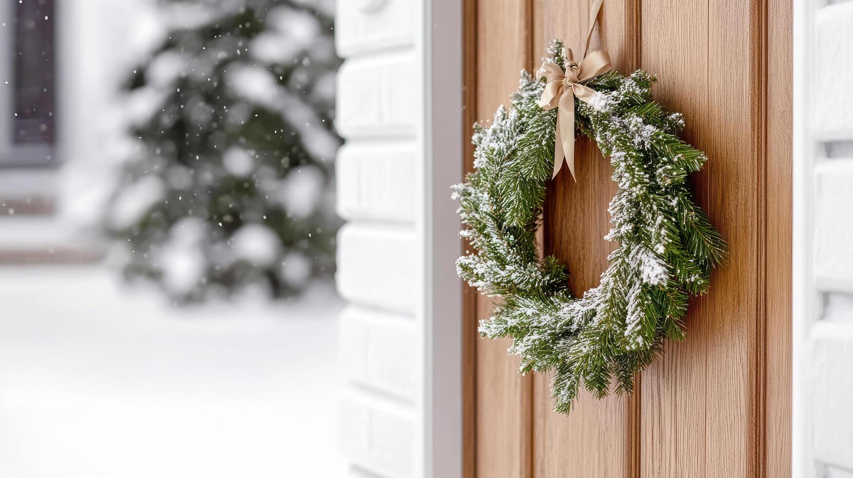 festive wreath adorned with snow hangs on wooden door, creating cozy winter atmosphere photo