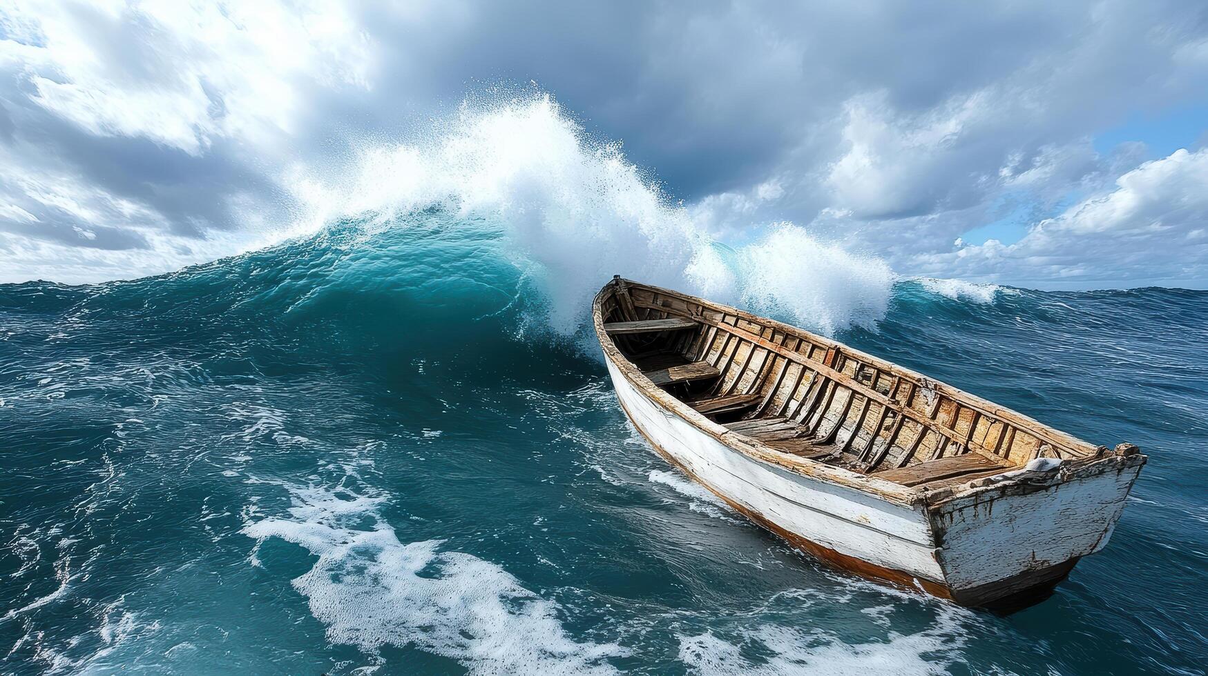 fisherman boat capsizing as tsunami wave approaches, creating dramatic scene photo