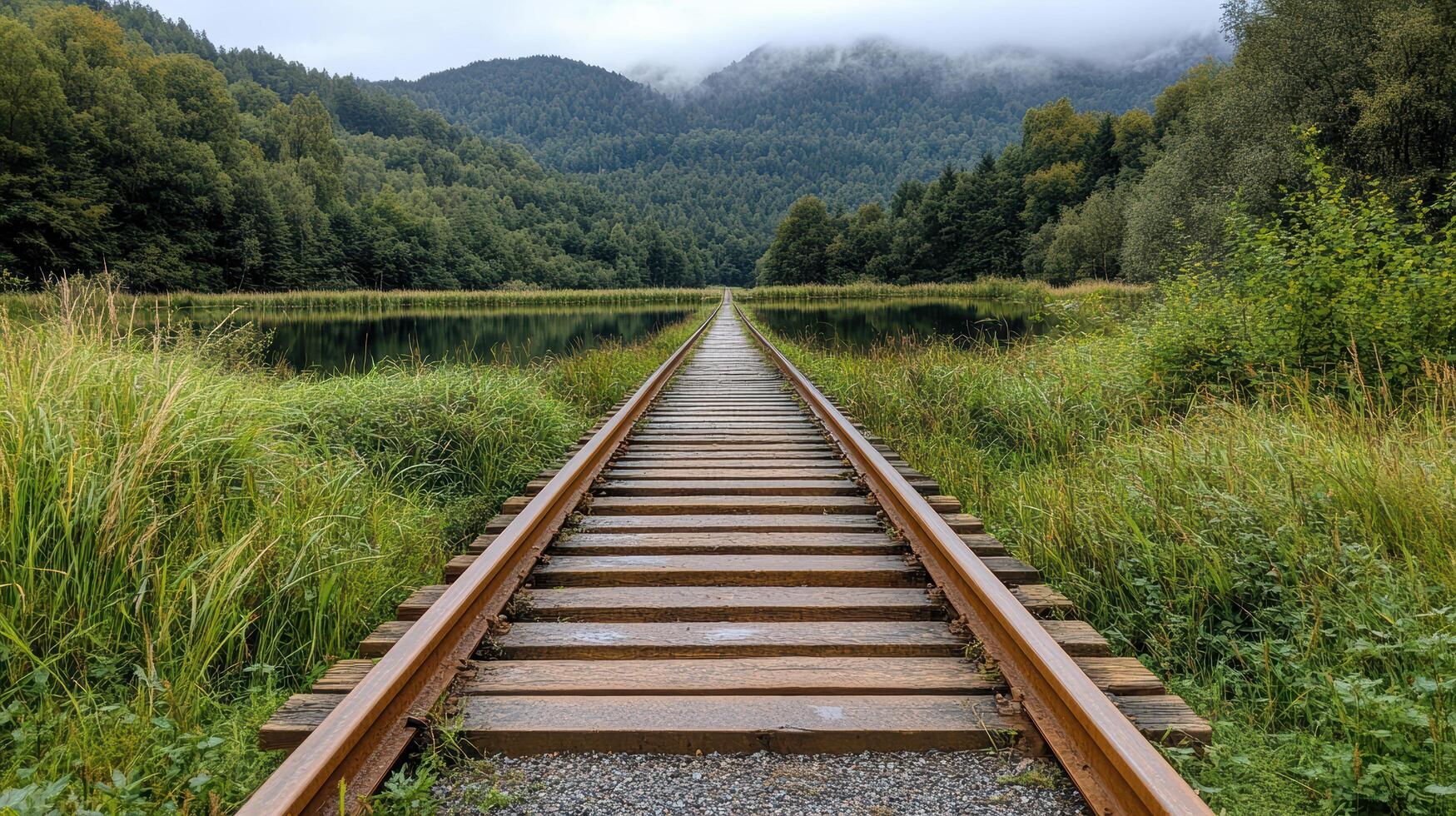 serene train track leading into misty mountains, surrounded by lush greenery photo
