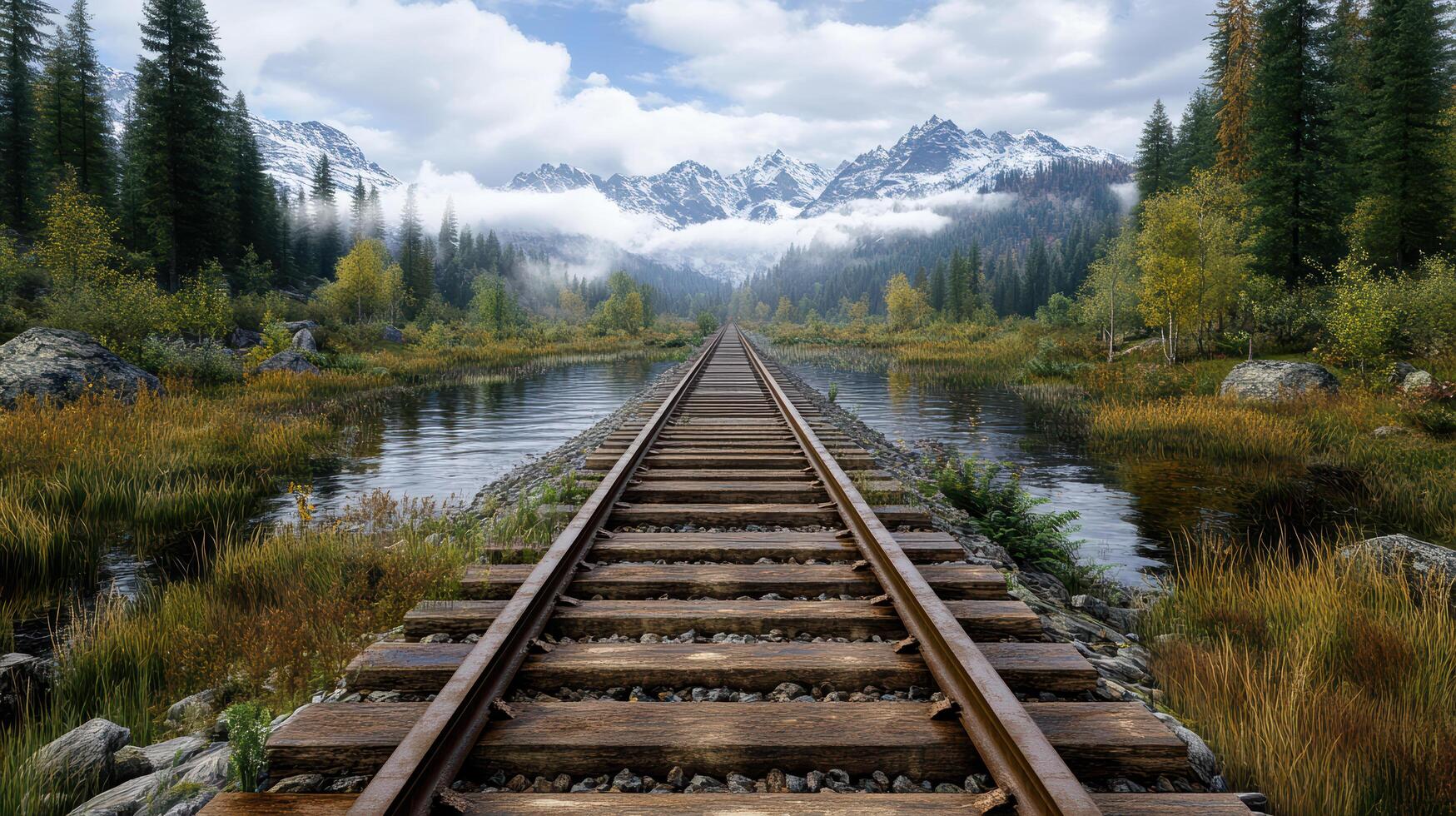 serene train track leading into misty mountains, surrounded by nature beauty photo