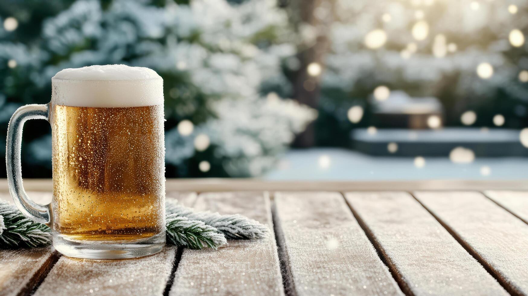 Frosty beer mug on wooden table with condensation and snowy background photo