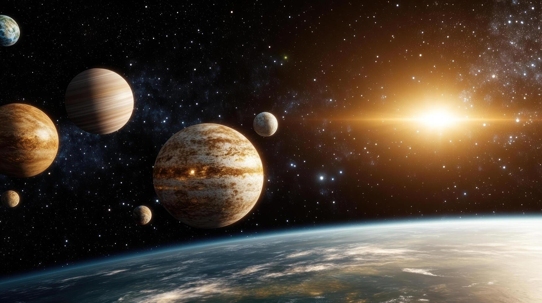 stunning view of solar system with glowing planets and bright sun photo
