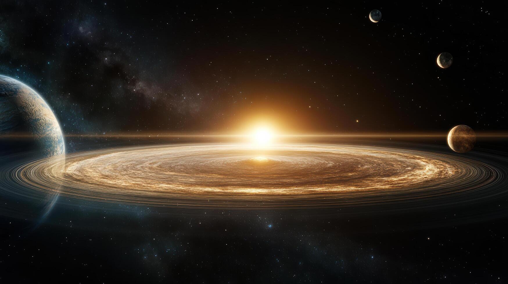 stunning panoramic view of solar system with planets and glowing sun photo