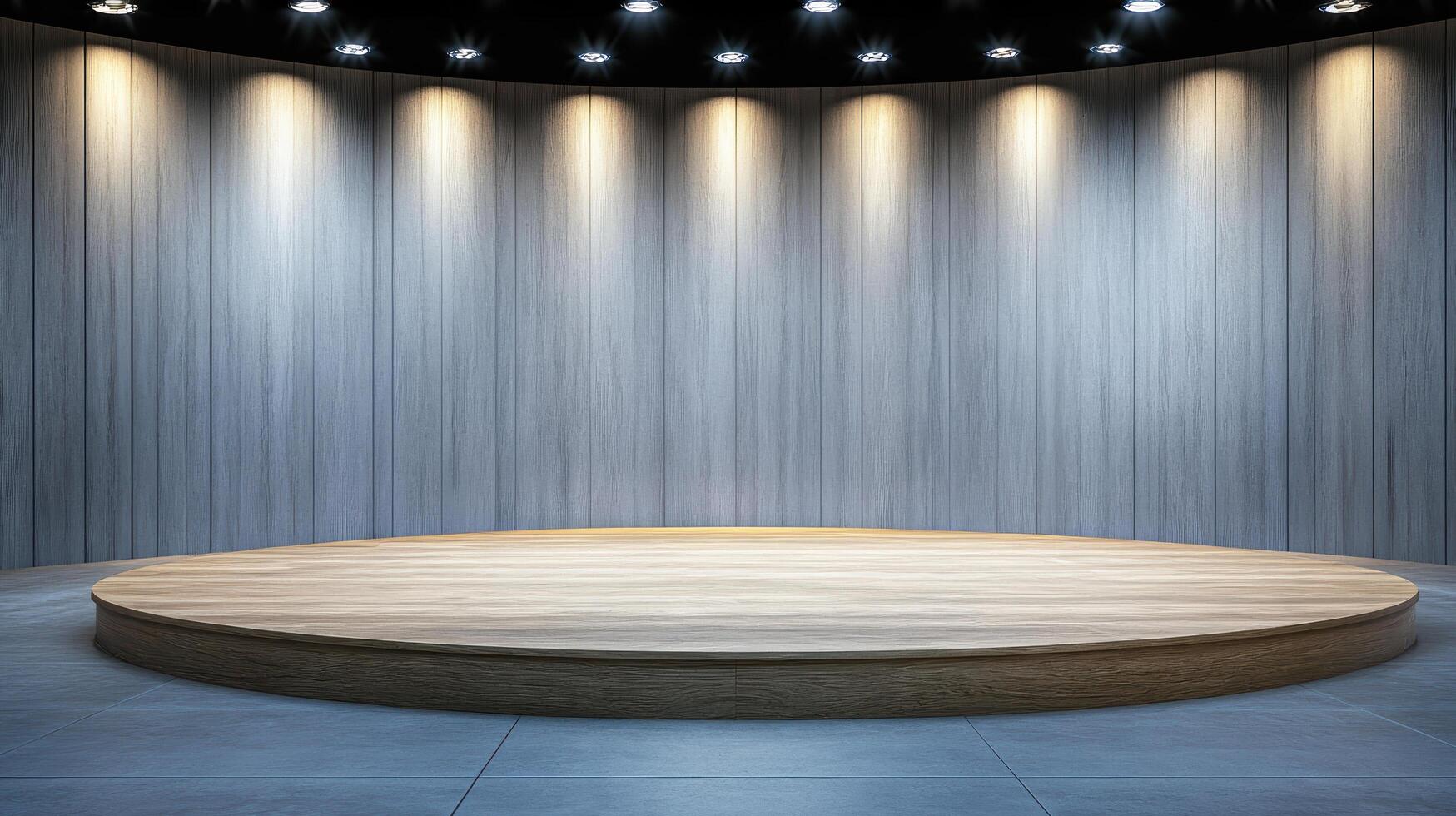 modern empty stage with wooden podium and soft lighting photo