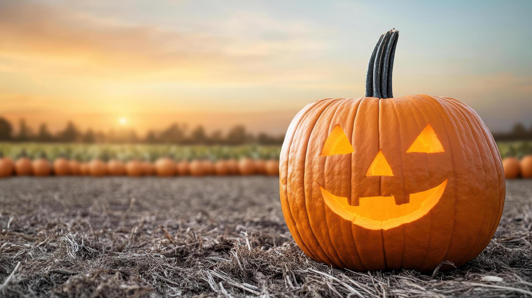 A pumpkin with a smiley face on it in a field photo