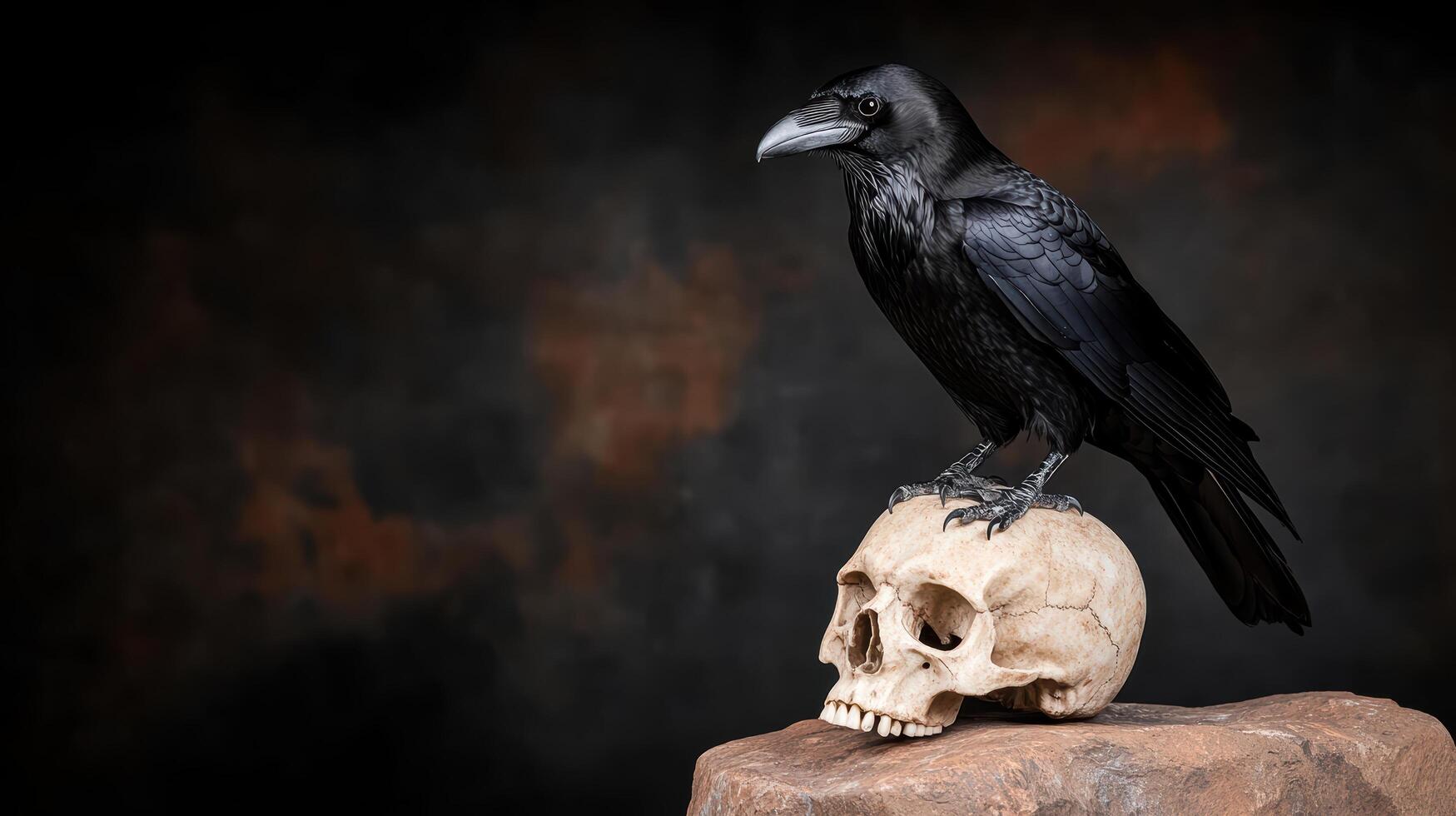 A raven sits on top of a skull photo