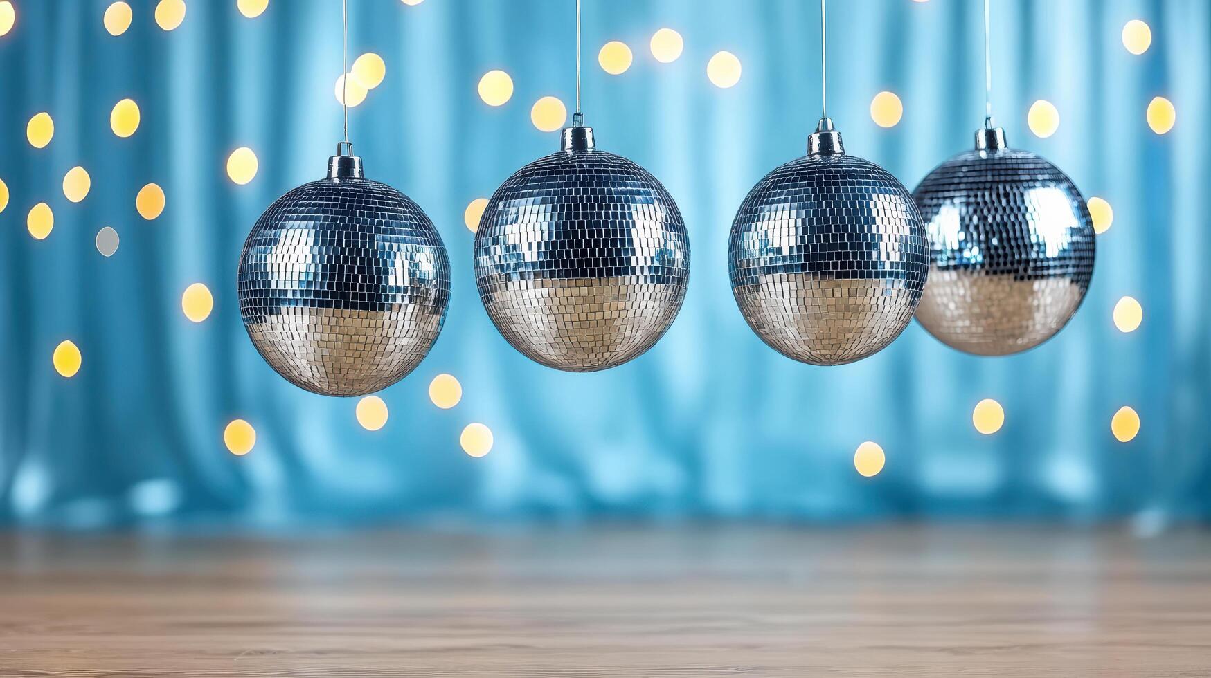 Shiny disco balls hanging against blue backdrop with soft lights create festive atmosphere photo