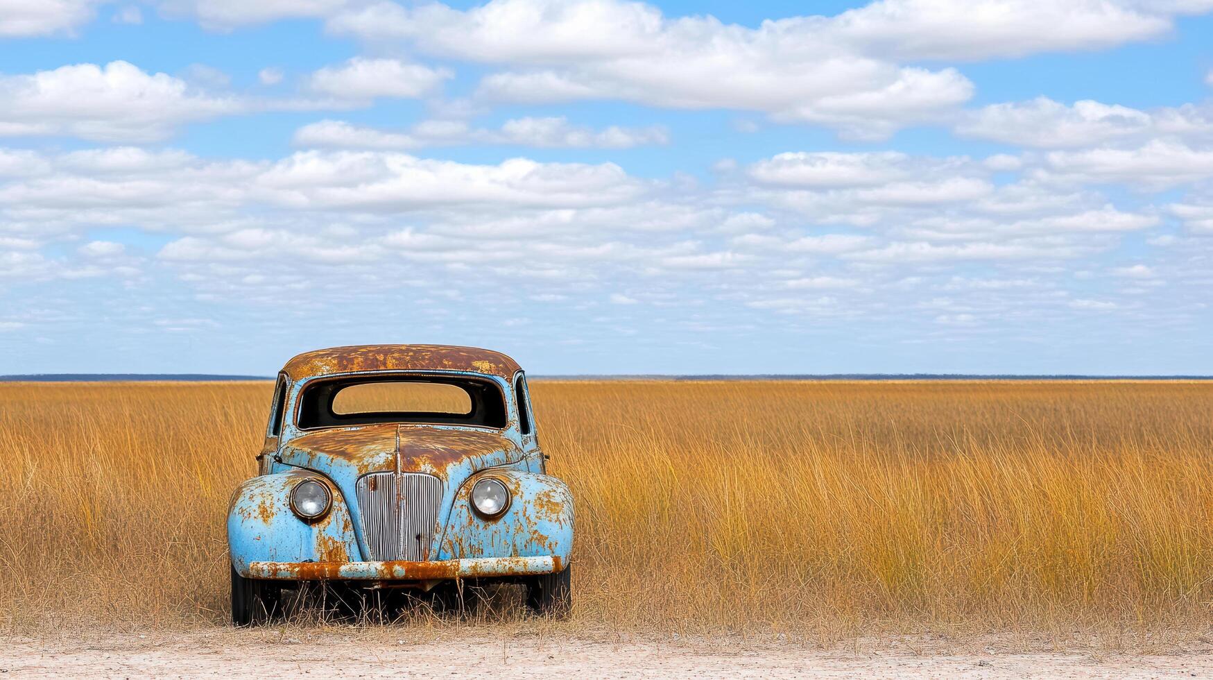 rusted old car abandoned in field surrounded by tall grass and clouds photo