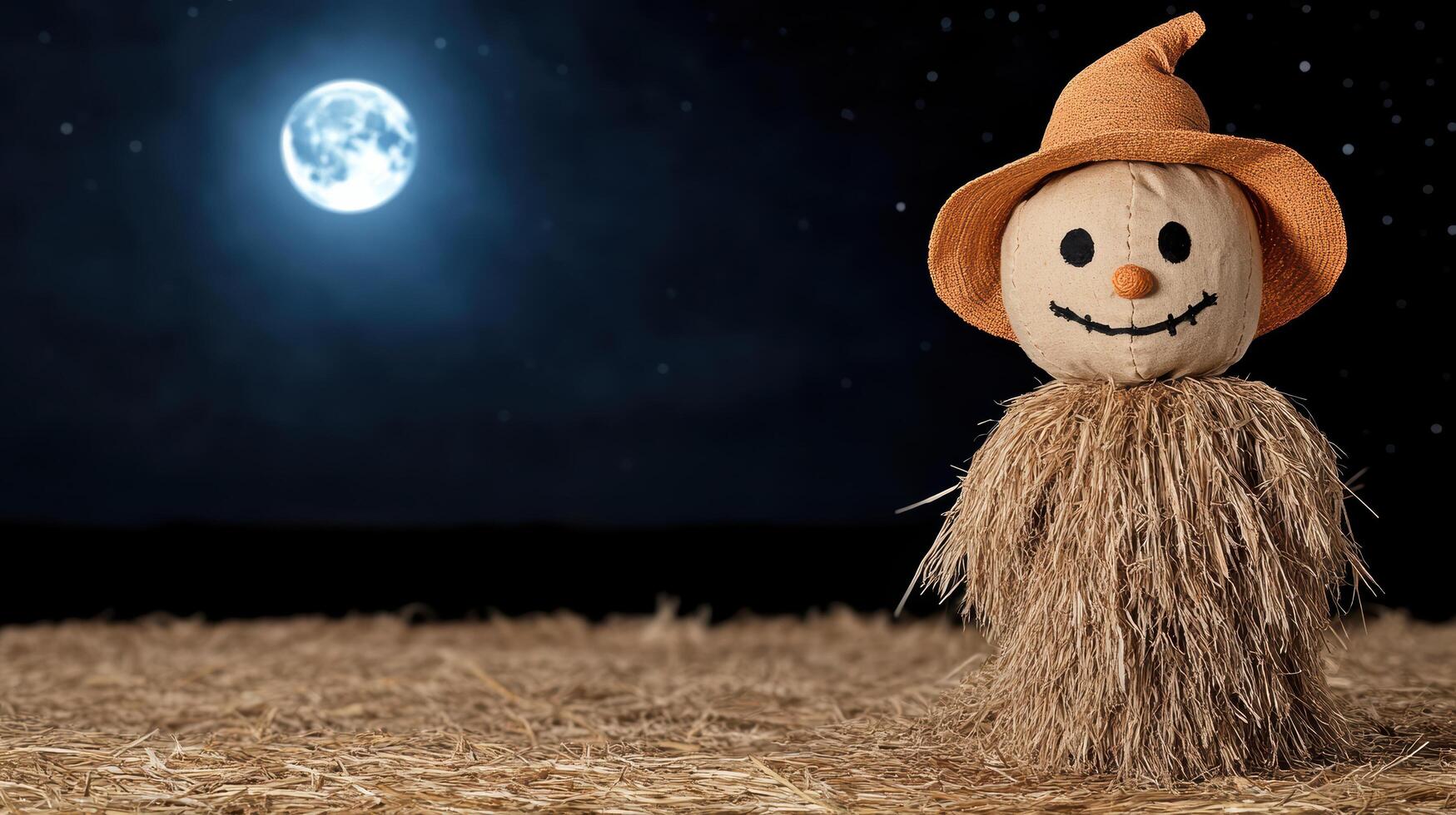 scarecrow stands in moonlit cornfield, creating spooky atmosphere photo