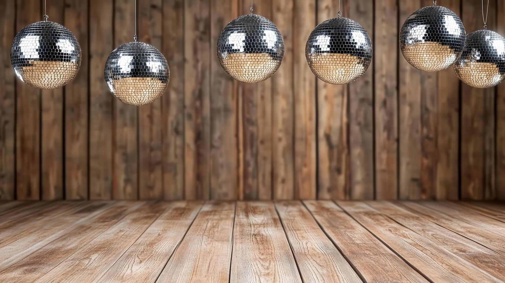 Disco balls hang from wooden ceiling, creating retro party vibe photo