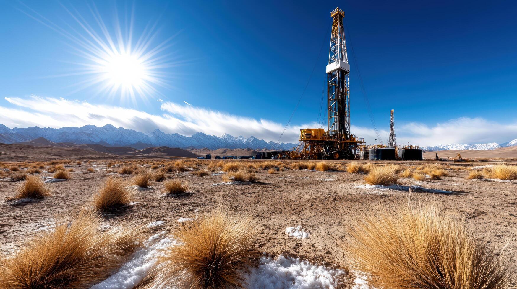 scenic view of gas field with drilling rigs under bright sun photo
