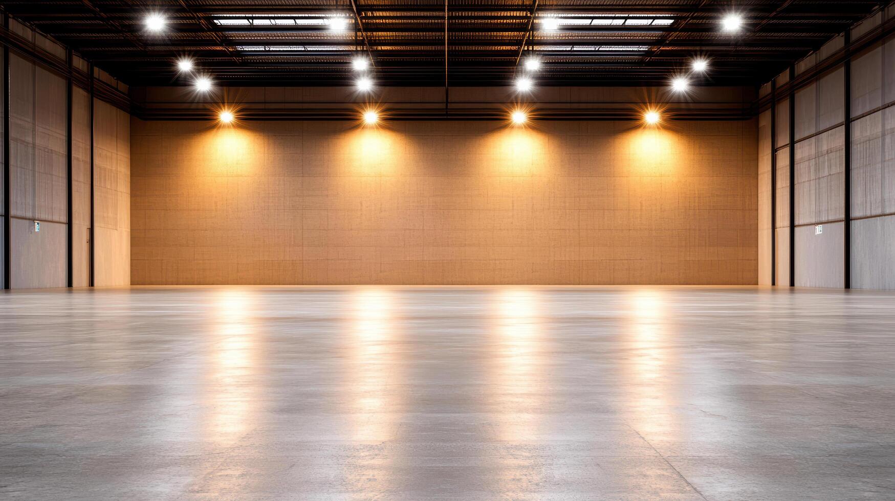 Empty warehouse with lights on the ceiling photo