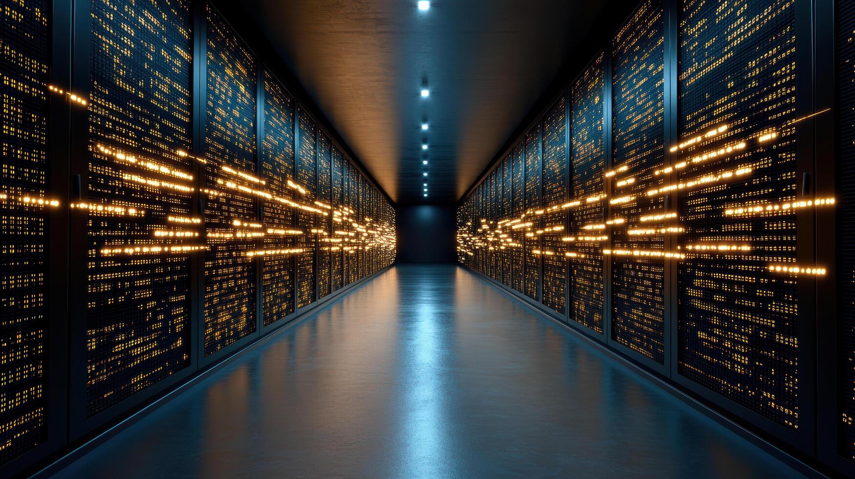 A long hallway with rows of data servers photo