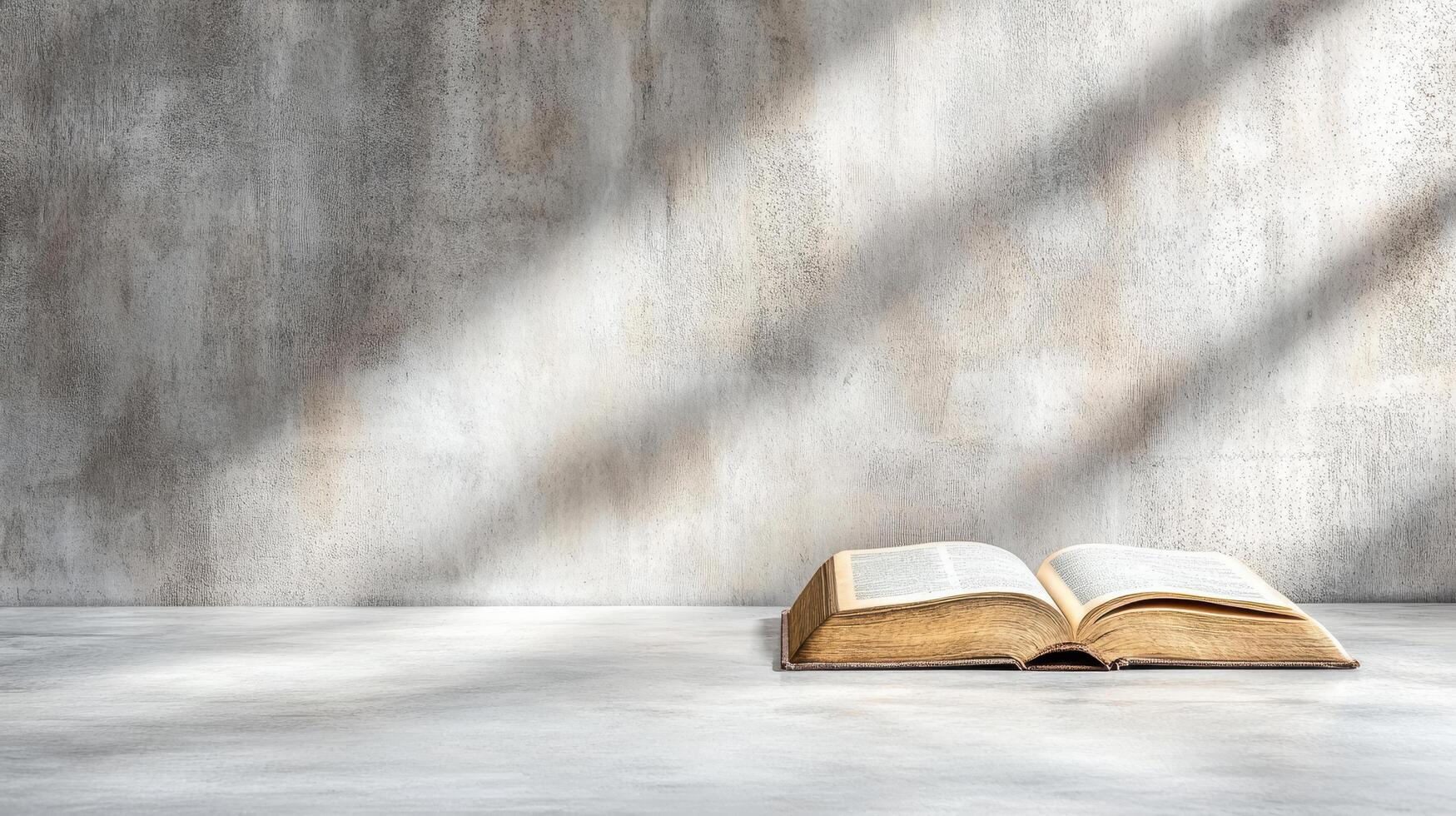 An open bible on a table in front of a wall photo