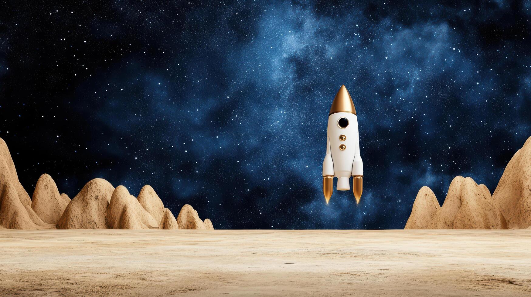 A rocket is flying over a desert with mountains in the background photo