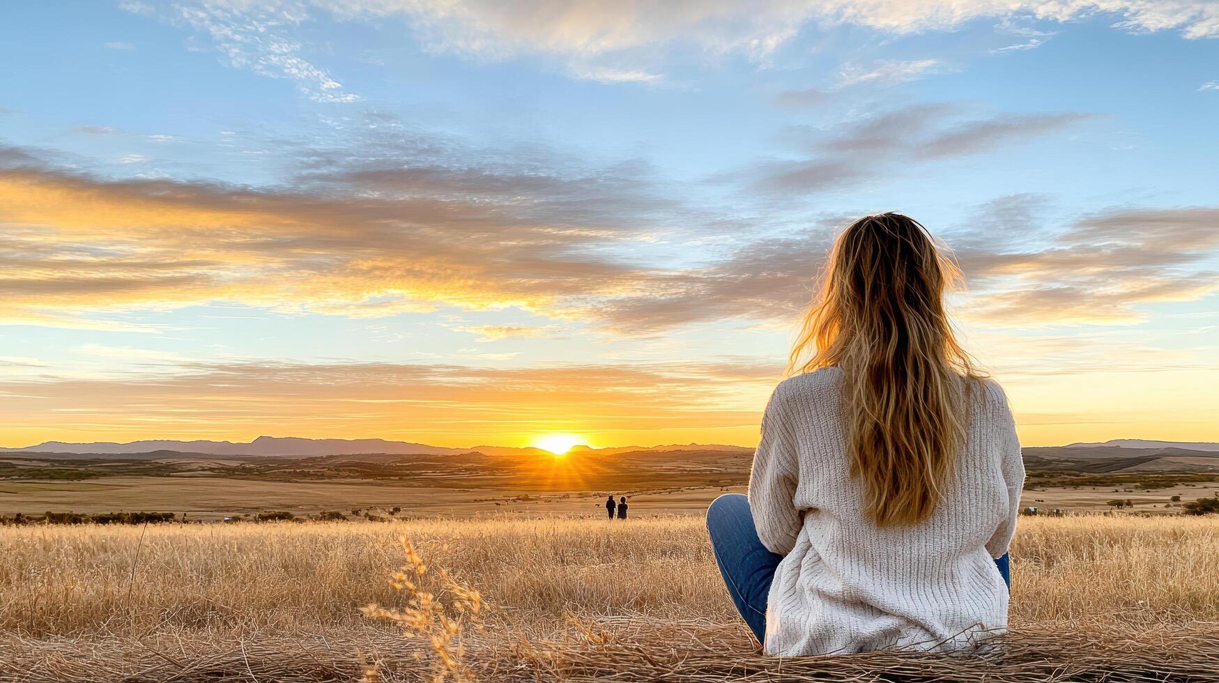 A woman sitting on a log in a field at sunset photo