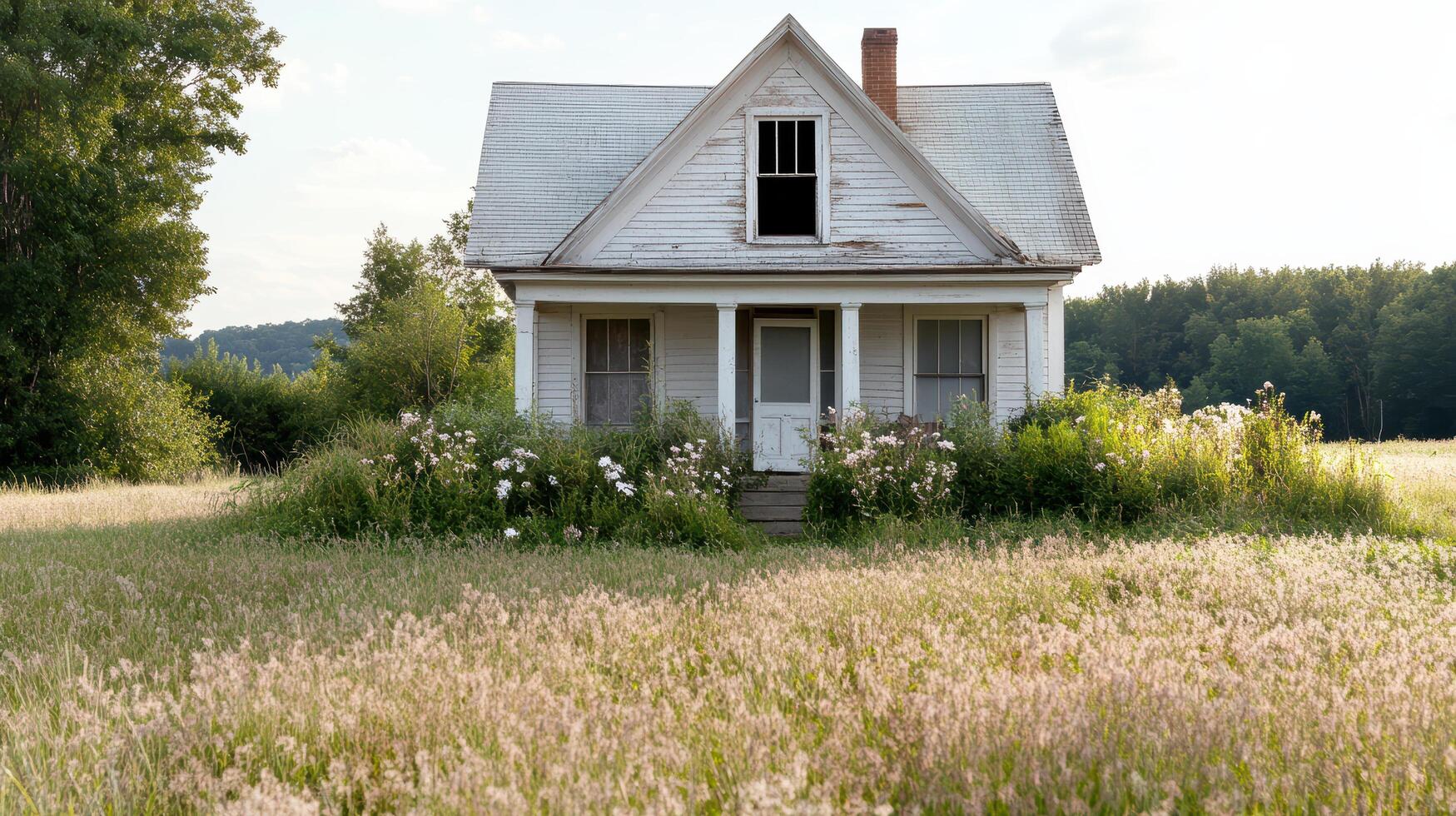 An old abandoned house in the middle of a field photo