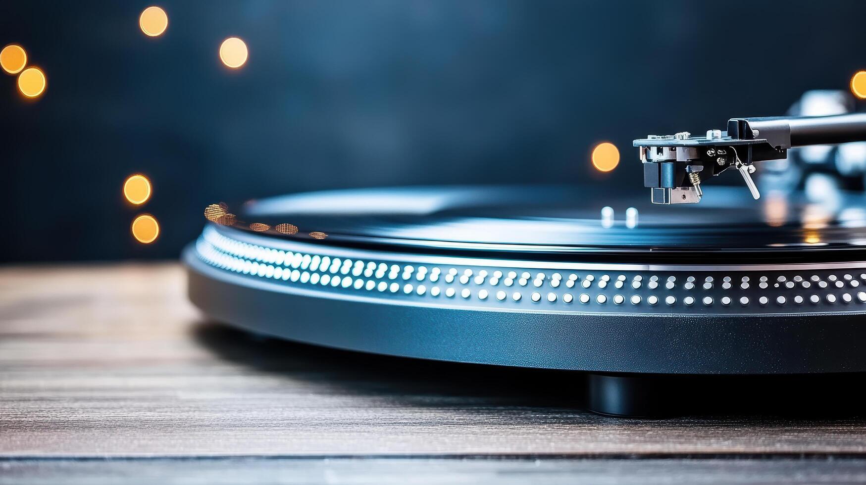 A turntable with a record player on a wooden table photo