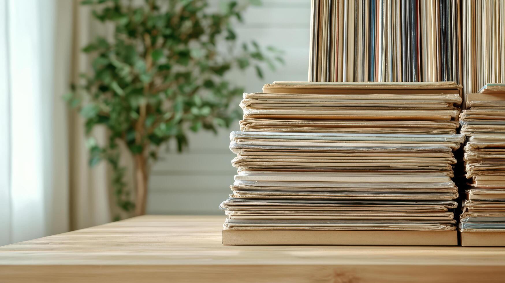 Stack of books on wooden table in front of window photo