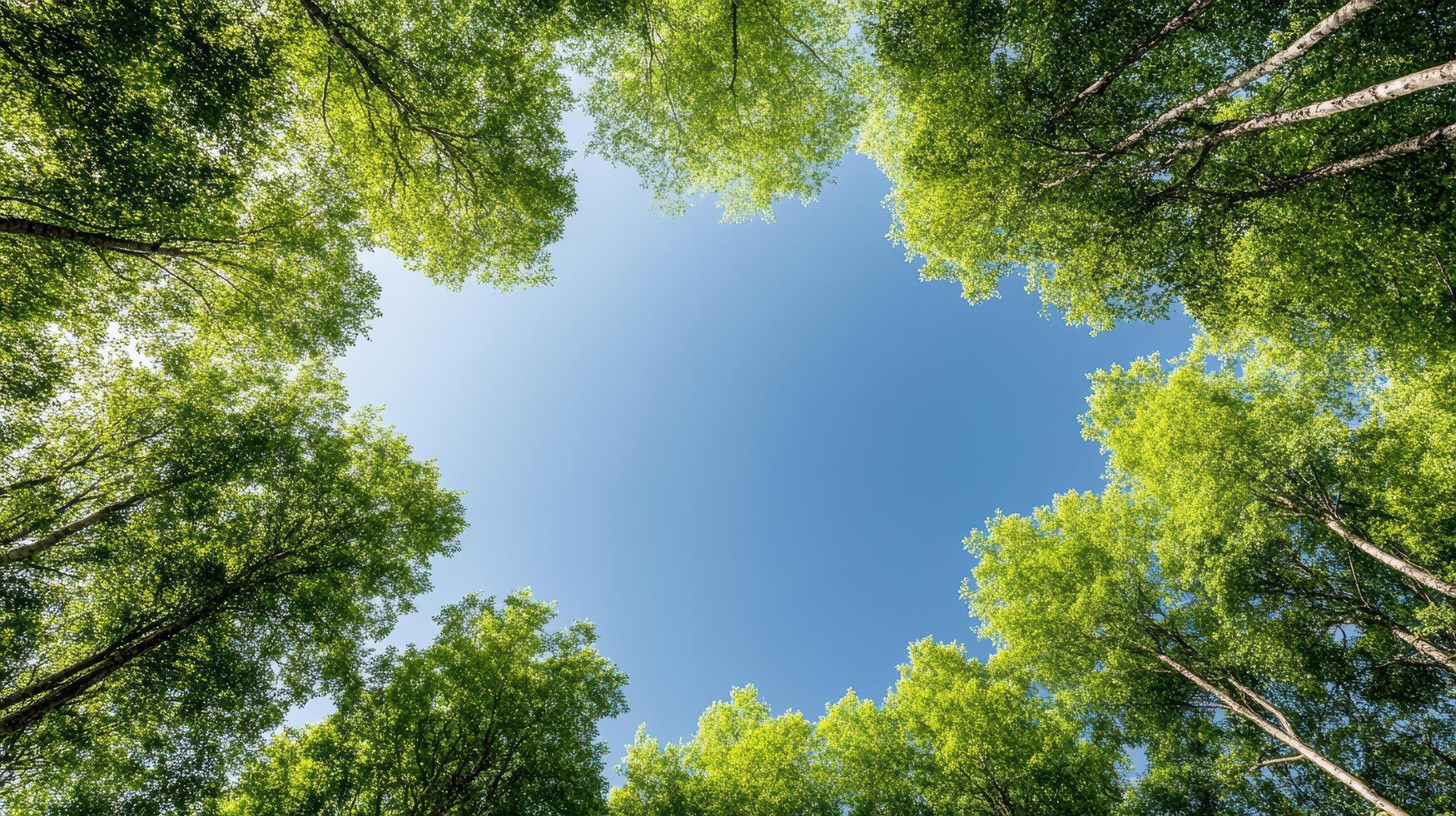 A view of the sky through the trees in a forest photo