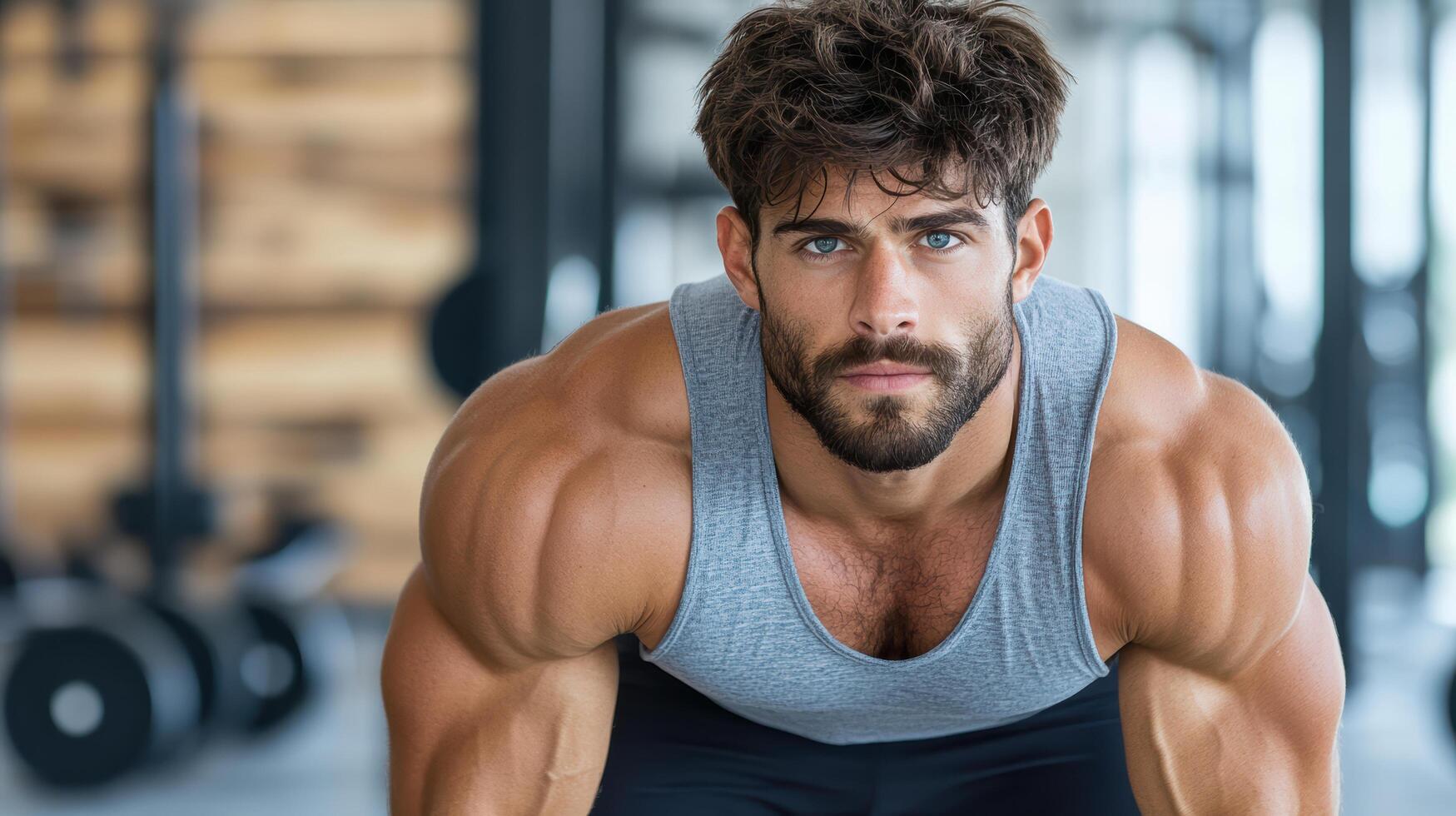 A man is doing squats in a gym photo