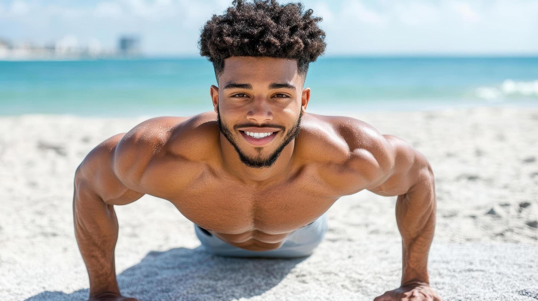 A man is smiling while doing push ups on the beach photo