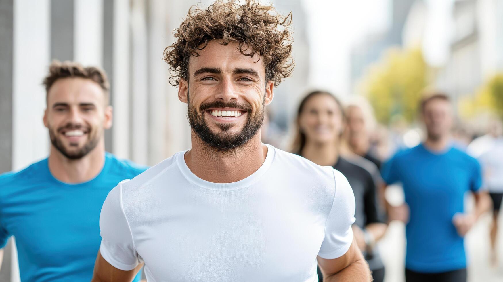 A group of people running together photo