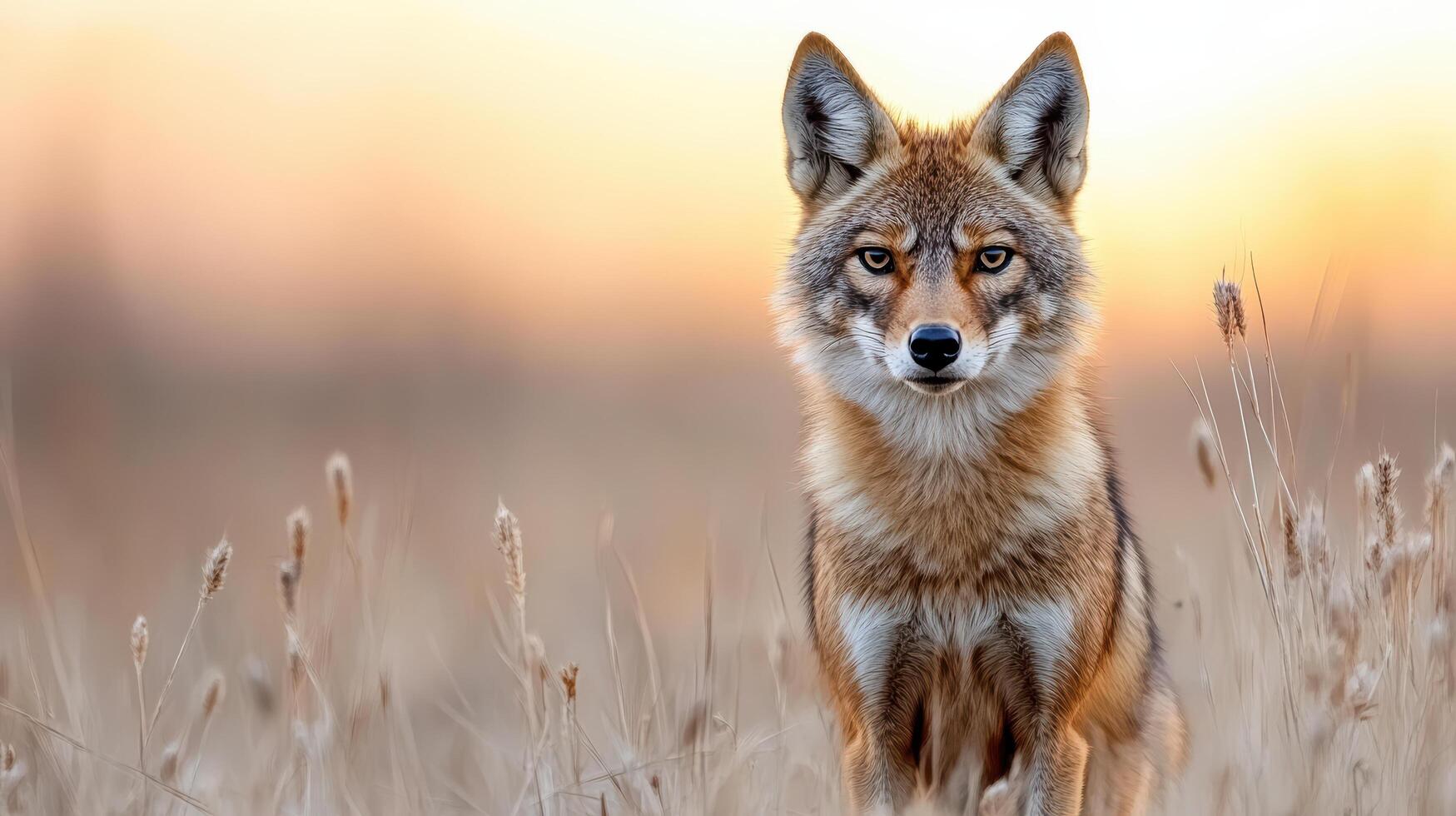 A coyote is standing in a field at sunset photo