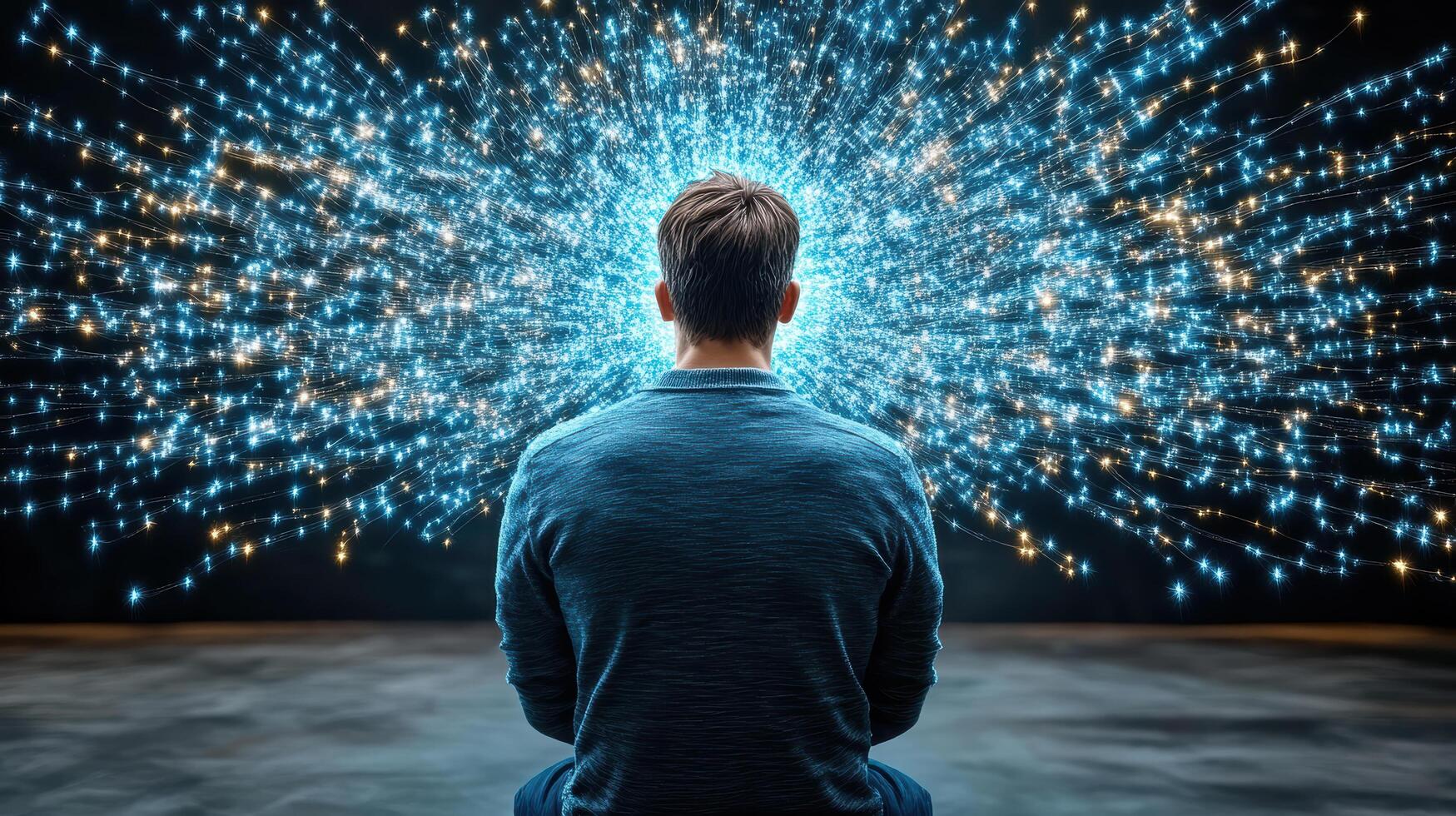 Man sitting in meditation with glowing light coming from his head photo