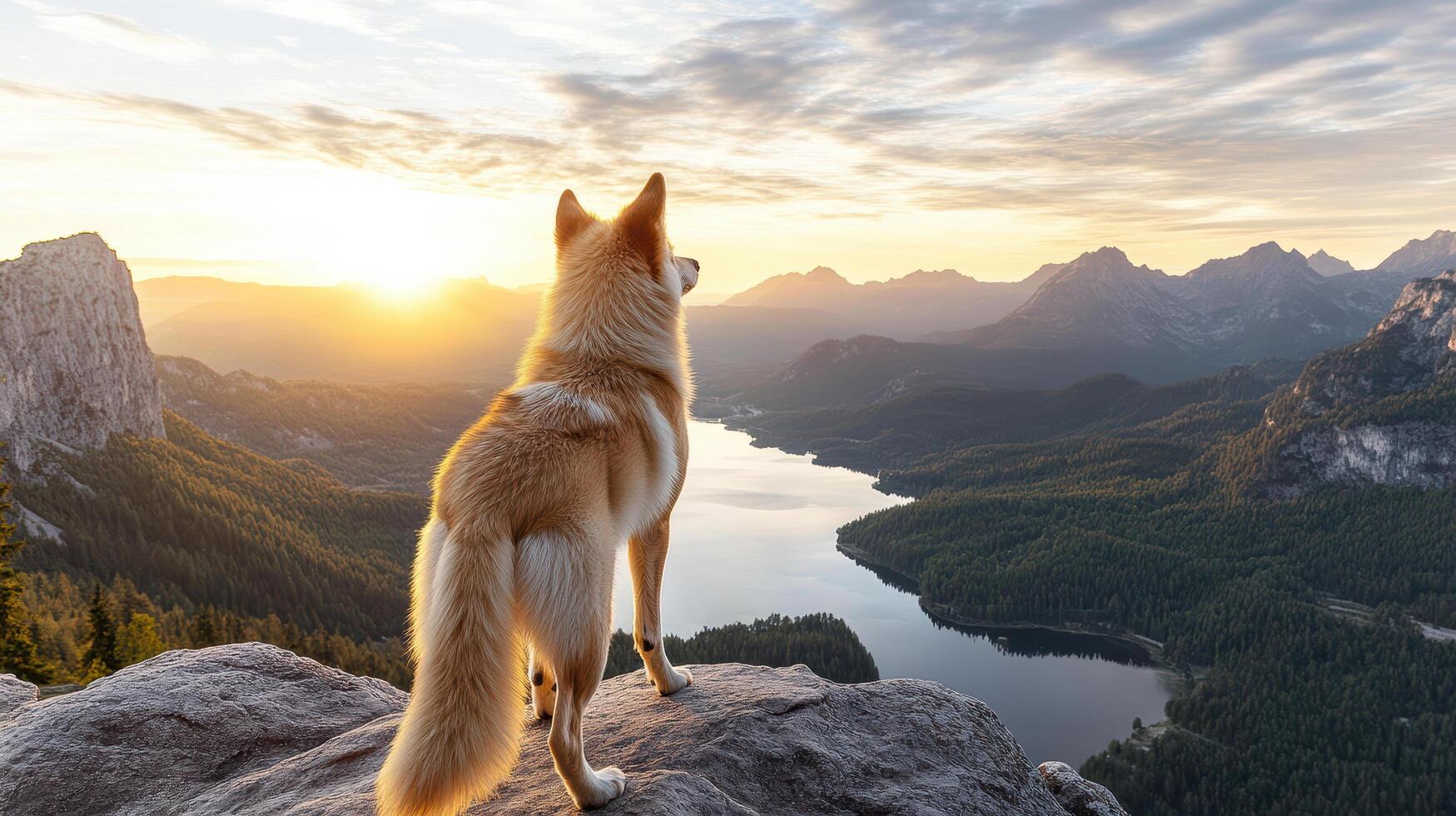 A dog standing on a rock overlooking a lake and mountains photo