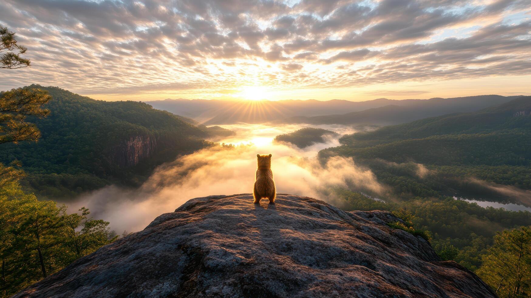 A dog standing on top of a mountain at sunrise photo