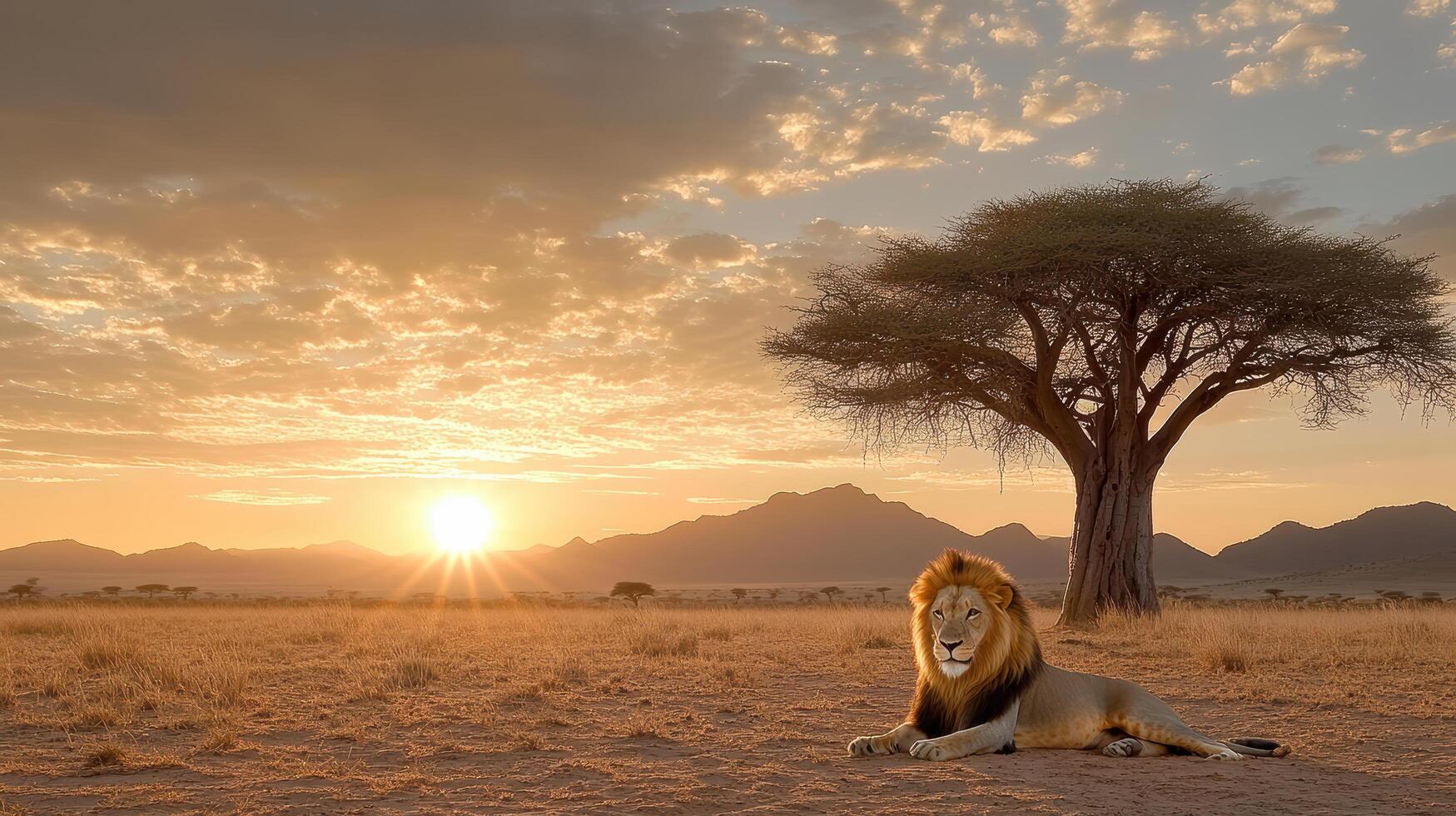 A lion is sitting in the middle of a field at sunset photo