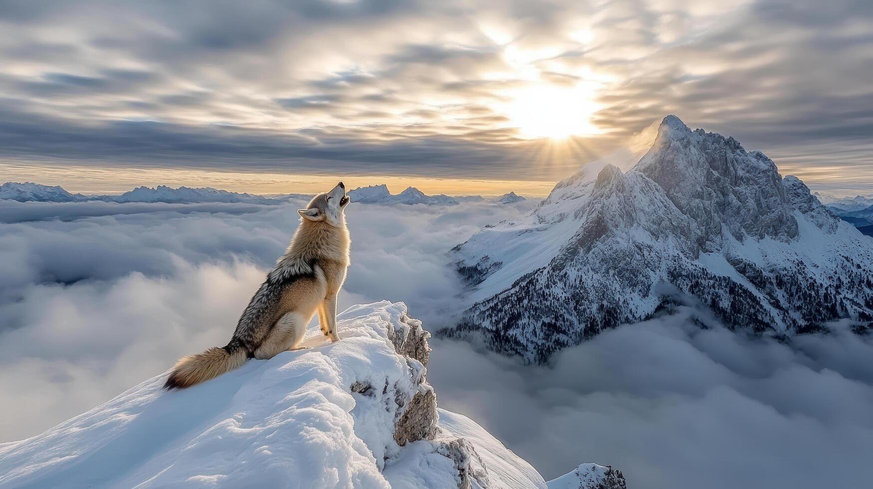 A wolf stands on top of a mountain overlooking the sun photo
