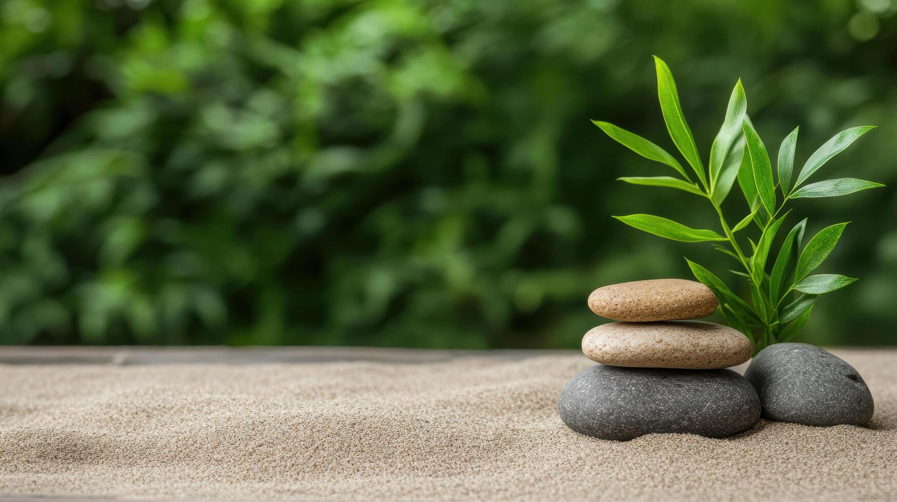 Zen stones and bamboo plant on sand background photo