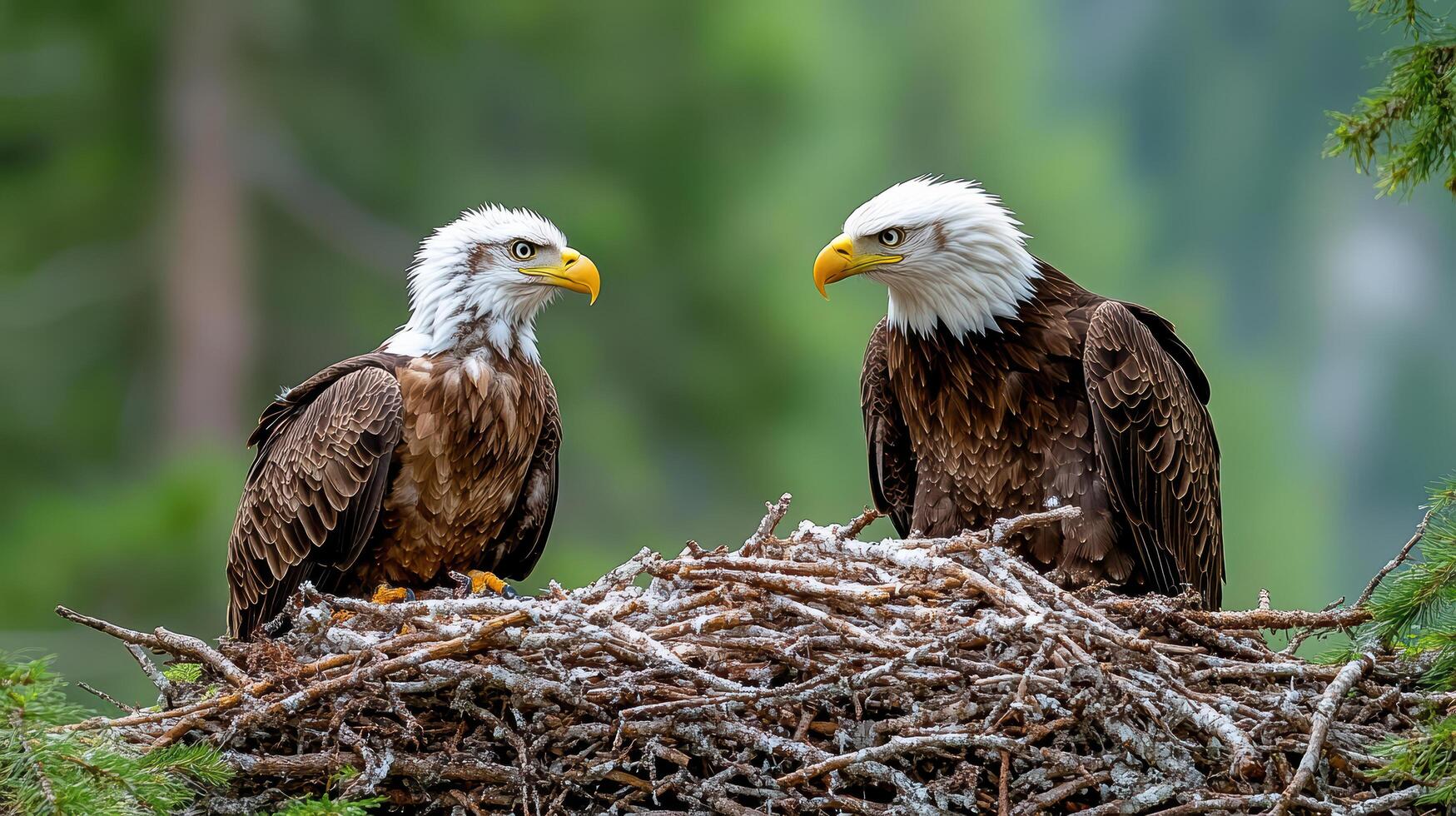 Two bald eagles sitting on top of a nest photo